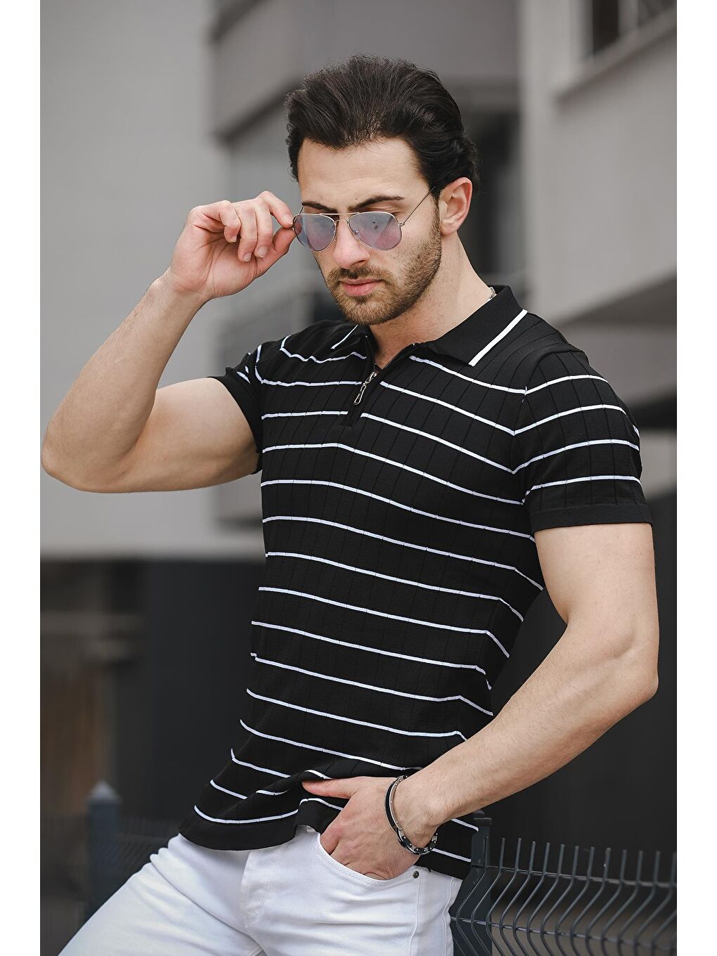 Siyah Ht 340008 Çizgili Fermuarlı Bisiklet Yaka Erkek Triko Tişört
