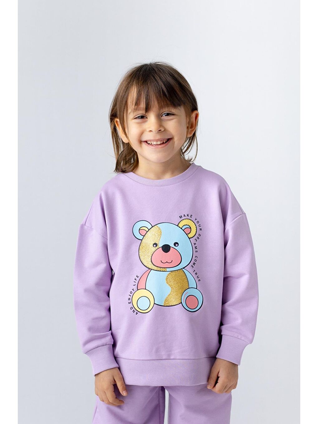 Lila Kız Çocuk Ayı Desenli Sim Baskılı Sweatshirt