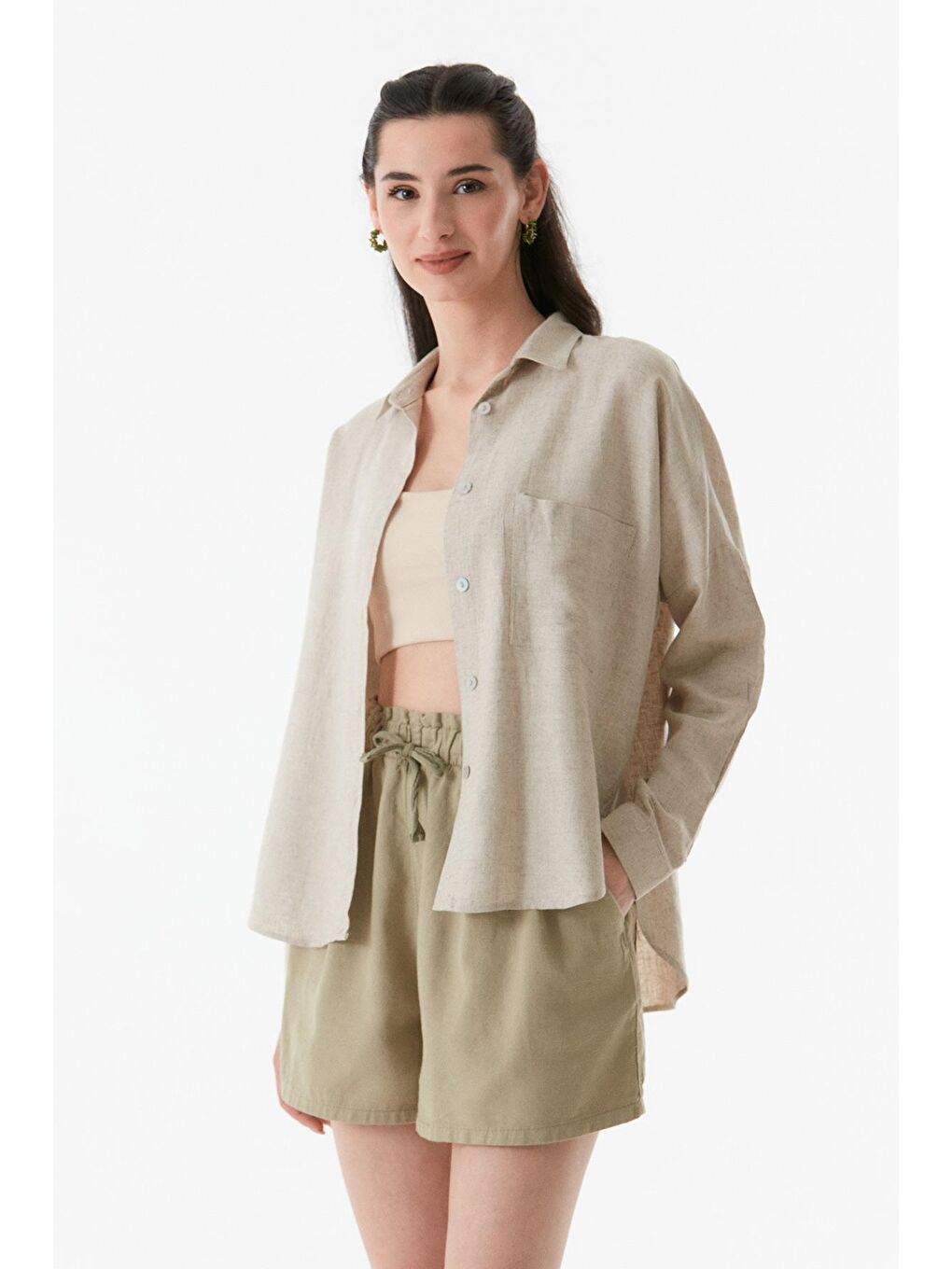 Bej Basic Tek Cepli Oversize Gömlek