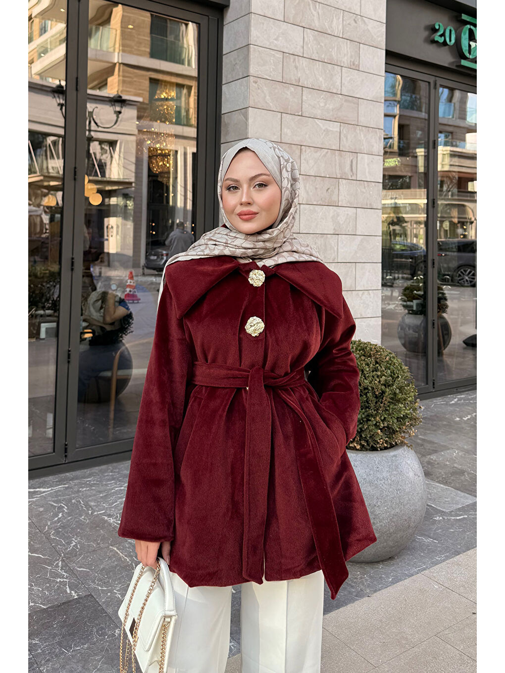 Kadın Kruvaze Yaka Pelüş Ceket Bordo