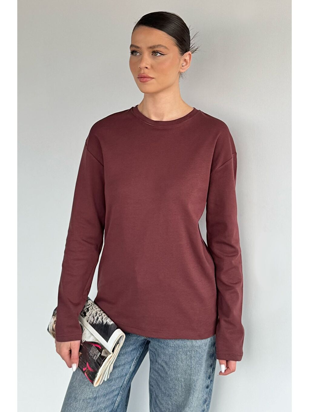 Kahverengi Kadın Bisiklet Yaka Elastanlı Basic Body Bluz-1