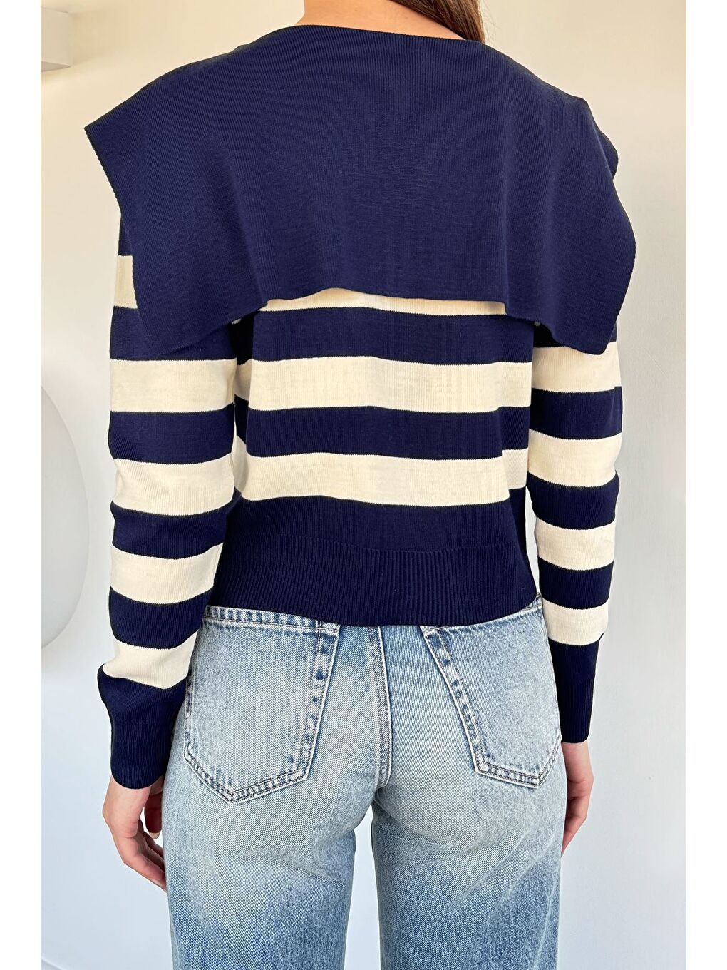 Lacivert Kadın Çizgi Desenli Fermuarlı Triko Bluz-2