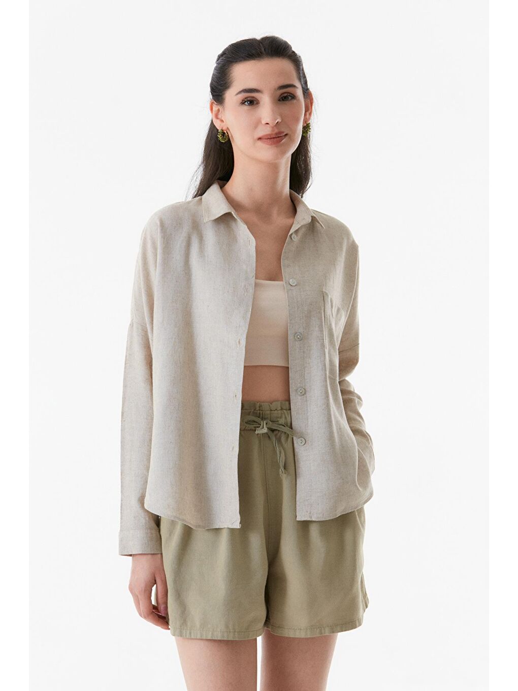 Bej Basic Tek Cepli Oversize Gömlek-1