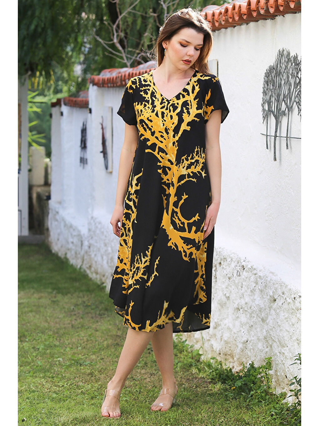 Siyah V Yaka Düşük Kol Allover Baskılı Casual Viskon Dokuma Elbise 115 66-3
