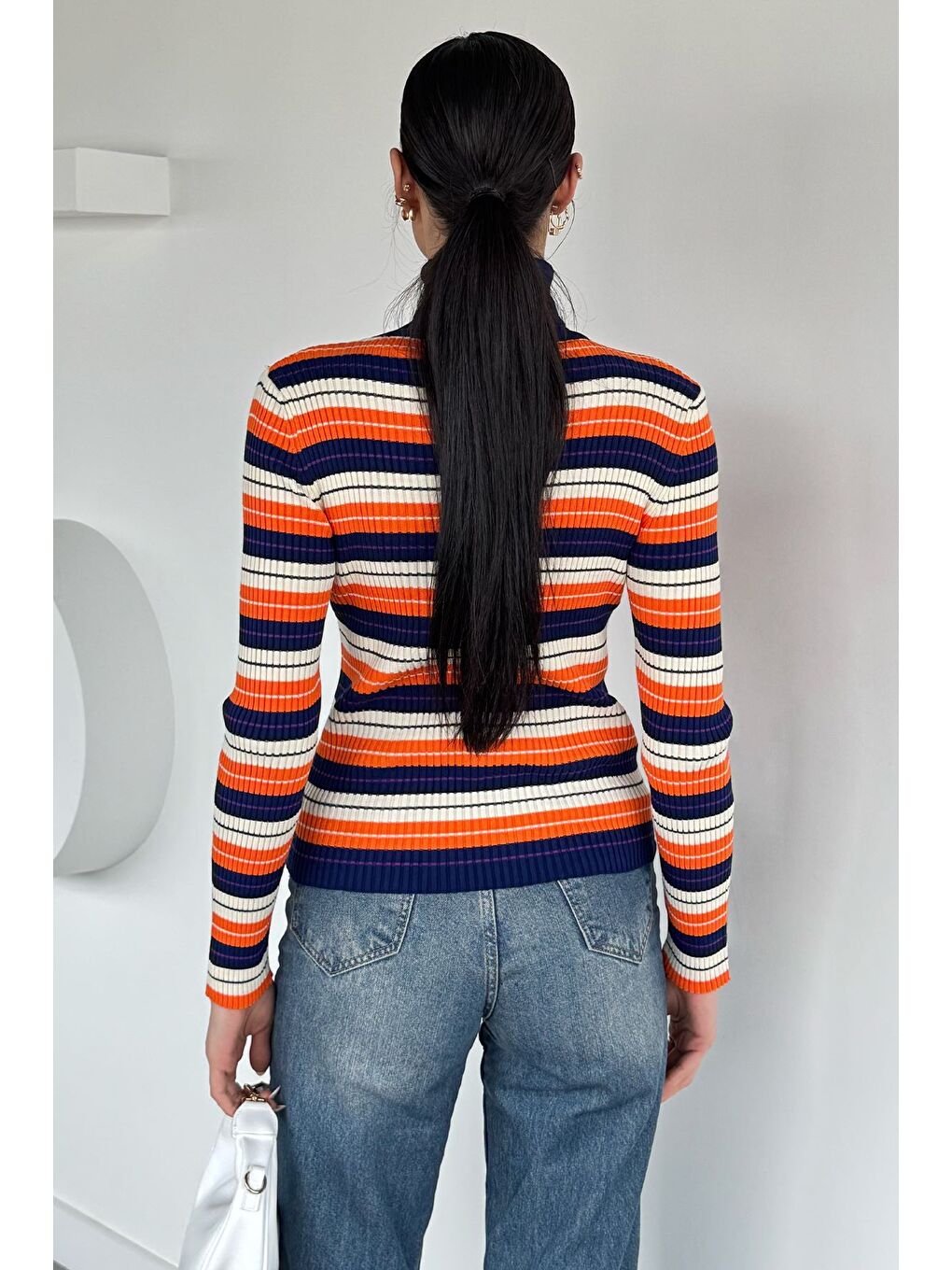 Lacivert Kadın Boğazlı Çizgi Desenli Triko Bluz-3