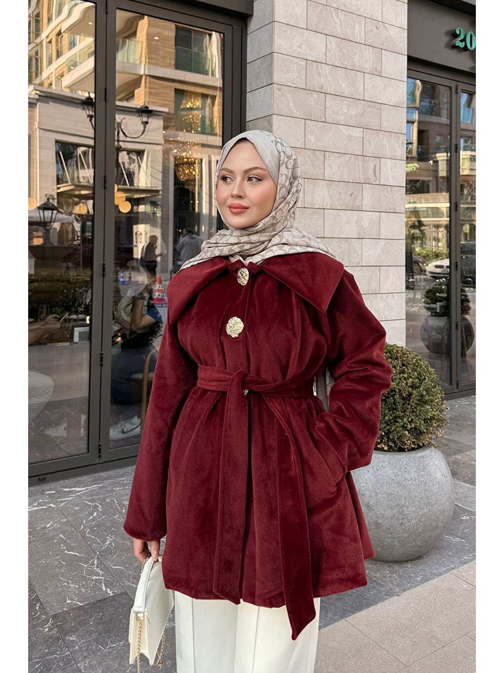 Kadın Kruvaze Yaka Pelüş Ceket Bordo-1