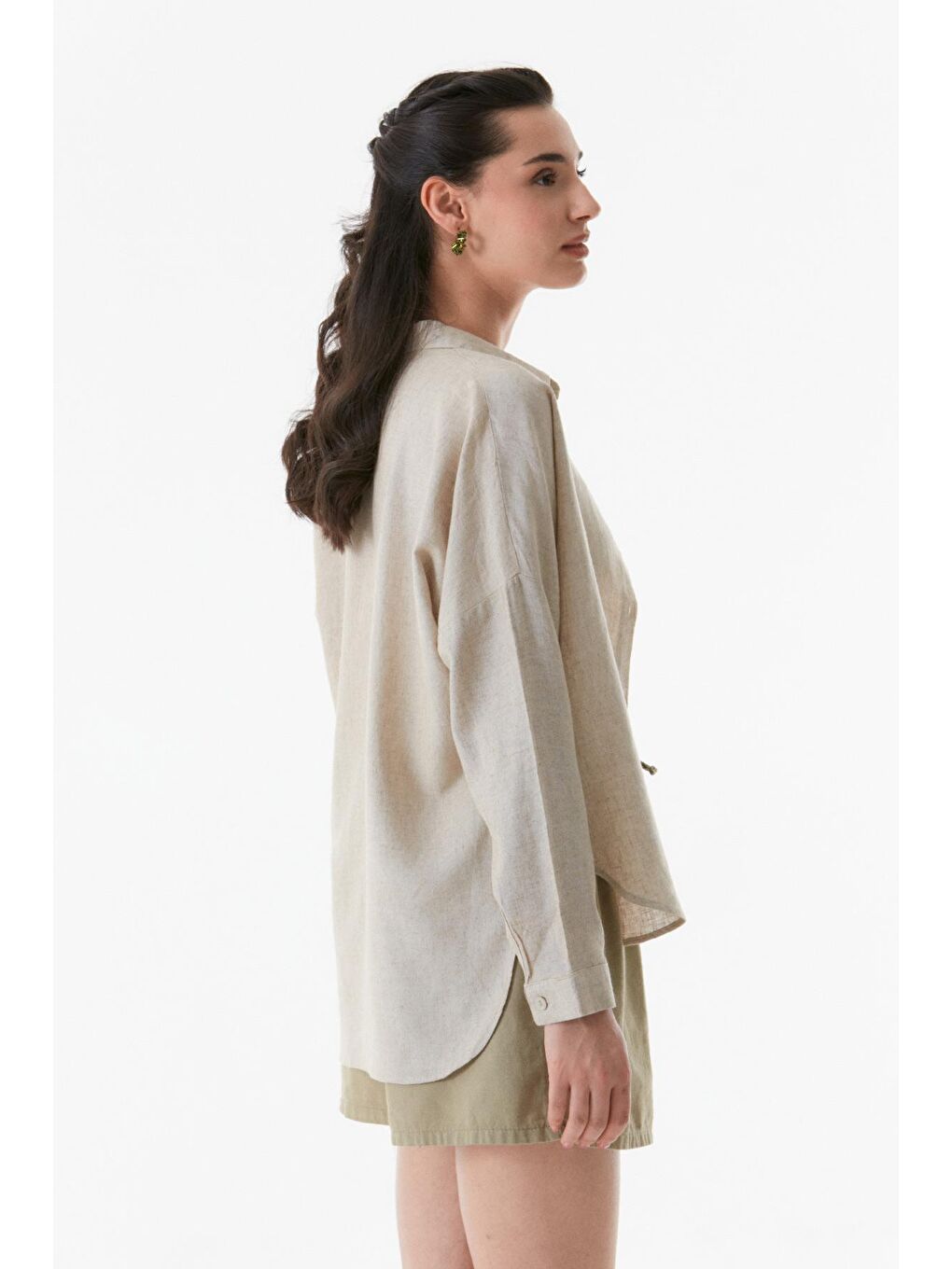 Bej Basic Tek Cepli Oversize Gömlek-2