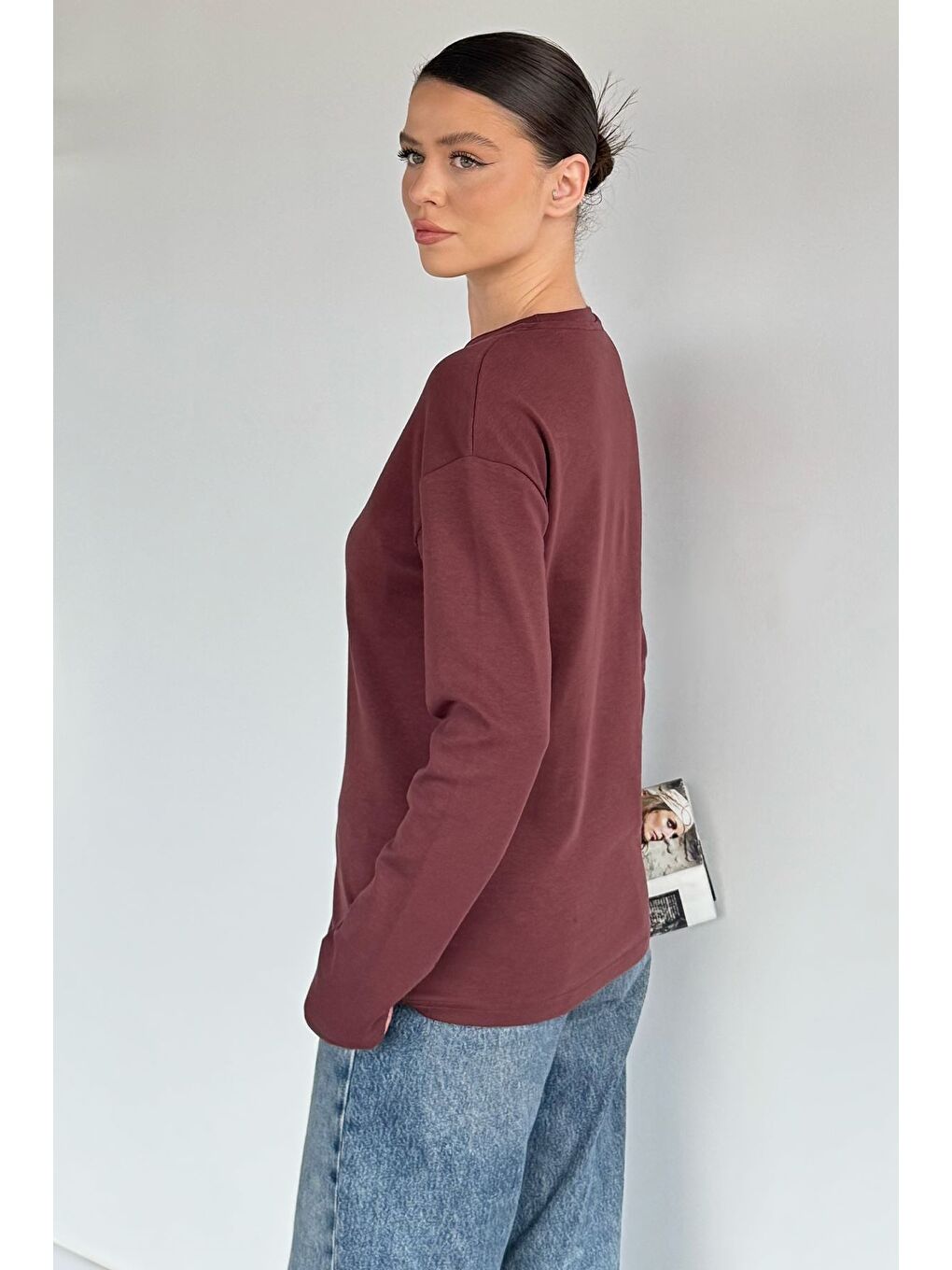 Kahverengi Kadın Bisiklet Yaka Elastanlı Basic Body Bluz-3