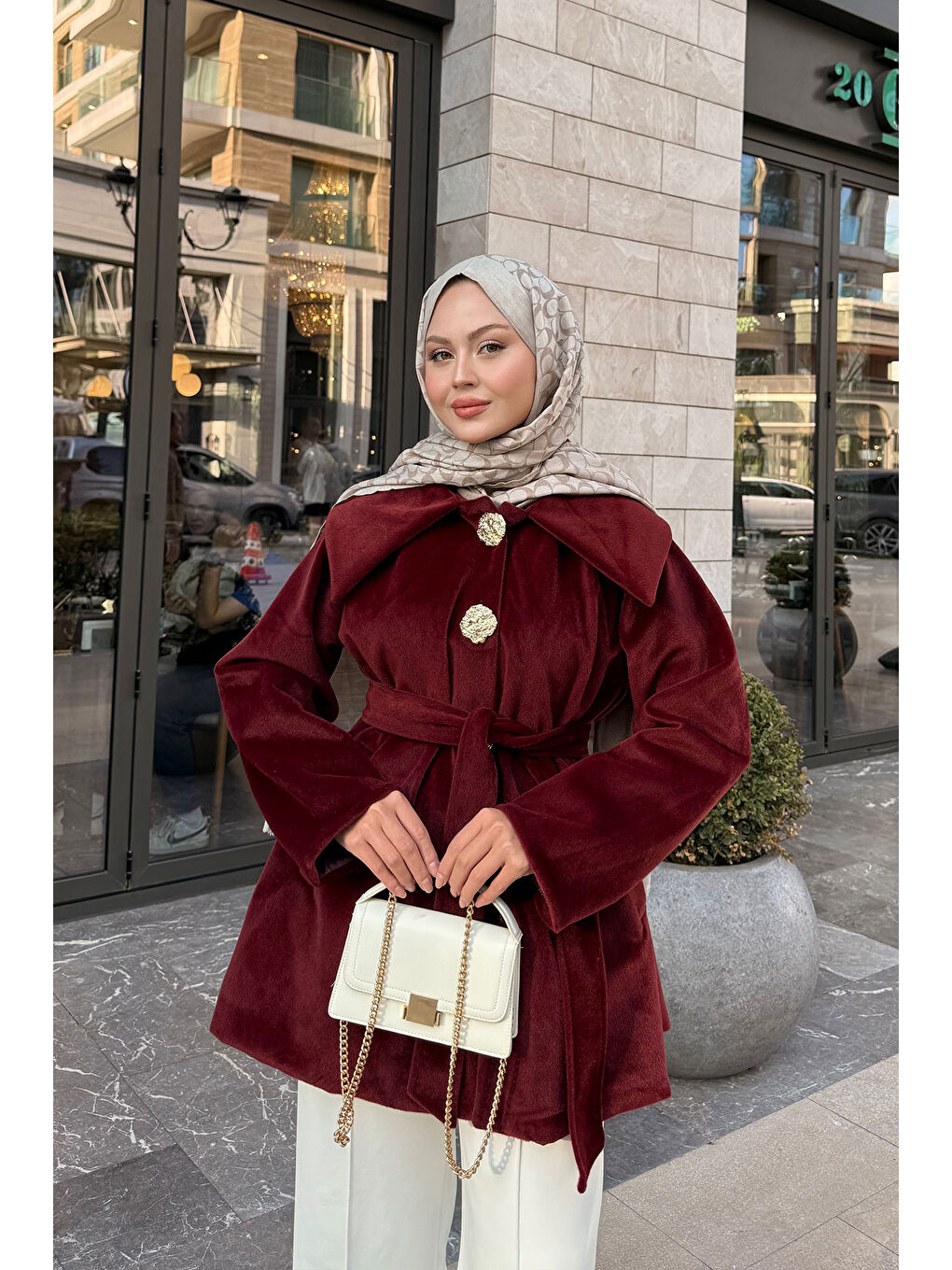 Kadın Kruvaze Yaka Pelüş Ceket Bordo-2