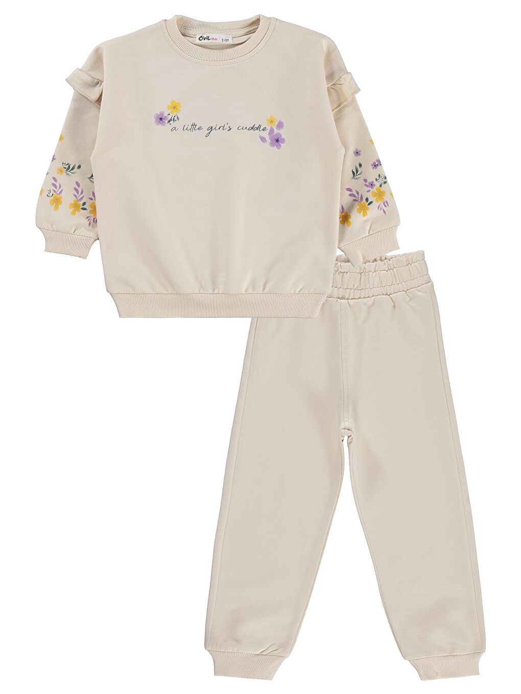 Girls Kol Fırfırlı Çiçek Baskılı 2-5 Yaş Eşofman Takımı - Bej 4-5 Yaş