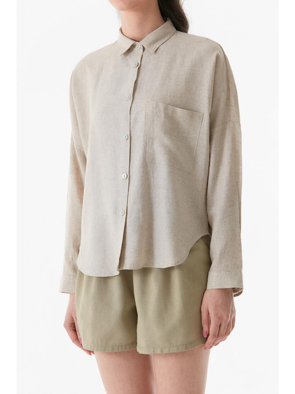 Bej Basic Tek Cepli Oversize Gömlek-3