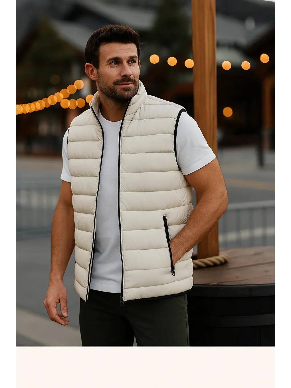 Ekru Erkek Astarlı Kışlık Cepli Fermuarlı Krem Şişme Yelek-1