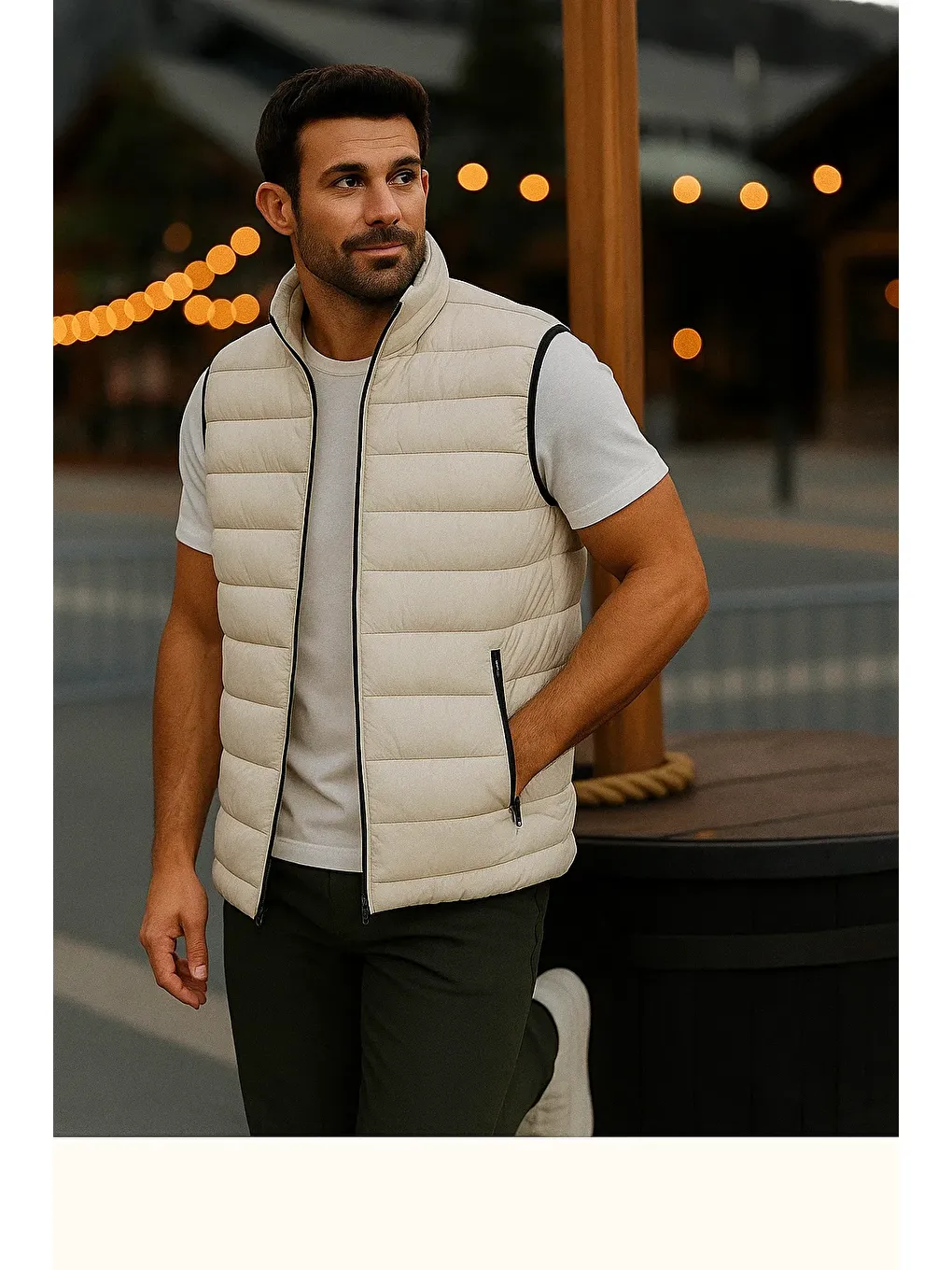 Ekru Erkek Astarlı Kışlık Cepli Fermuarlı Krem Şişme Yelek-2