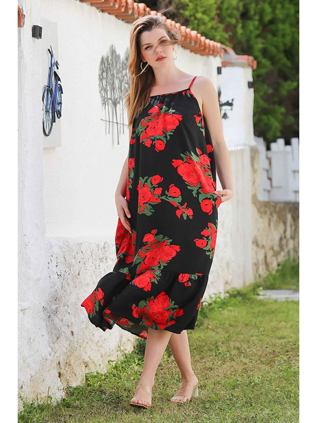 Siyah-Kırmızı Gizli Cepli Eteği Fırfırlı Ayarlanabilir Askılı Casual Viskon Dokuma Elbise 128 66-1