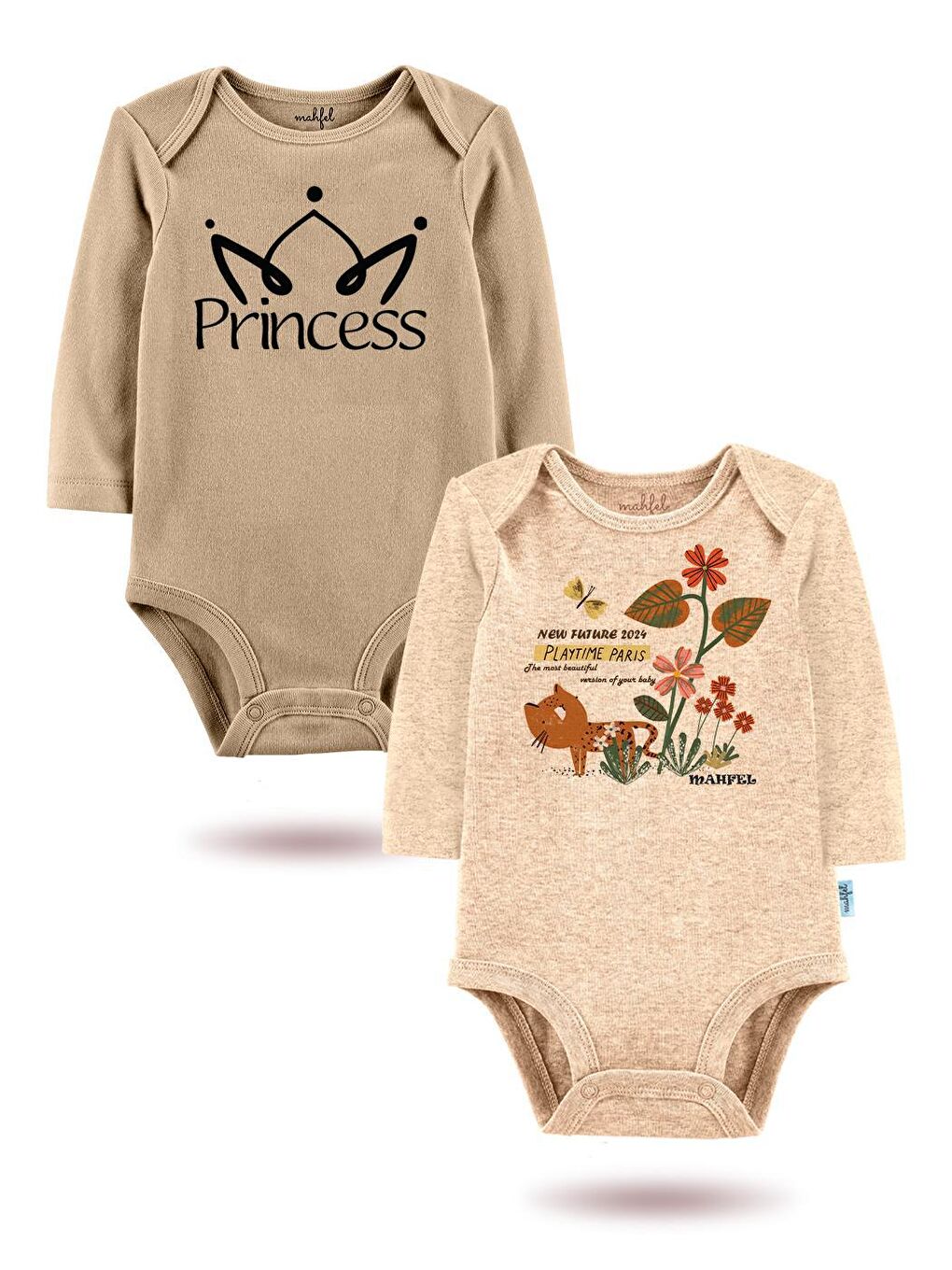 Bej 2'Li " PRENSES "Baskılı Uzun Kollu Unisex Bebek Çıtçıtlı Body