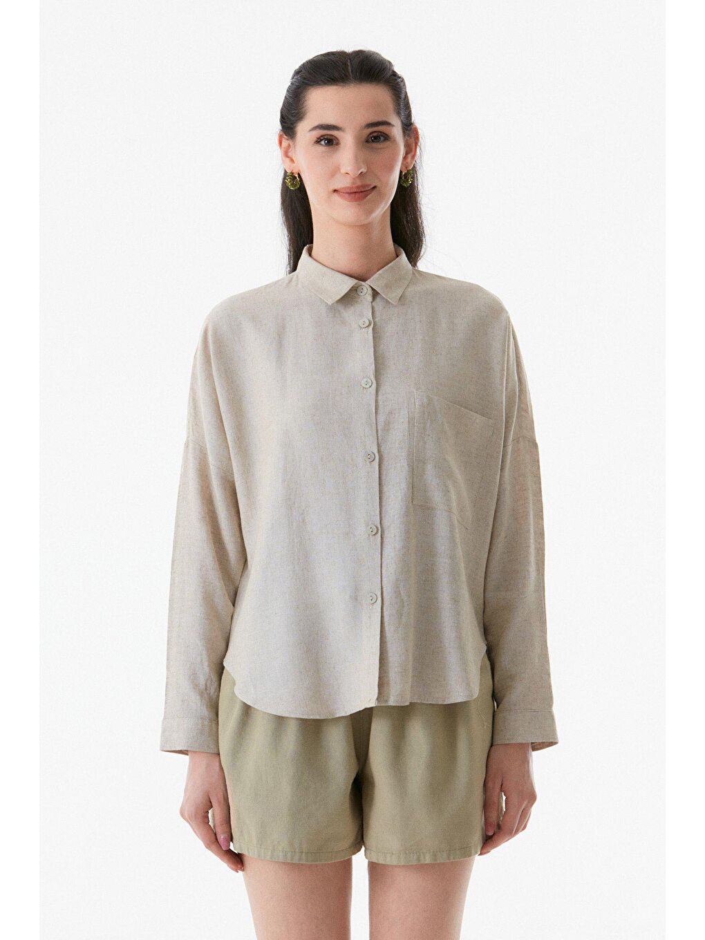 Bej Basic Tek Cepli Oversize Gömlek-4