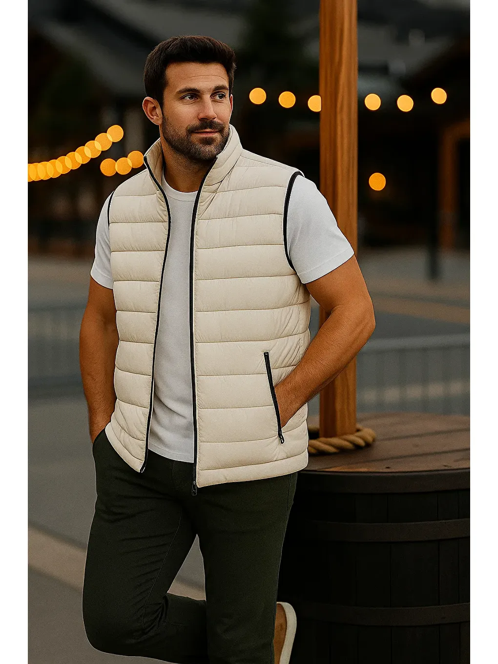 Ekru Erkek Astarlı Kışlık Cepli Fermuarlı Krem Şişme Yelek-3