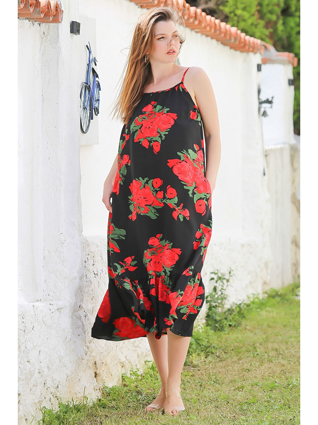 Siyah-Kırmızı Gizli Cepli Eteği Fırfırlı Ayarlanabilir Askılı Casual Viskon Dokuma Elbise 128 66-2