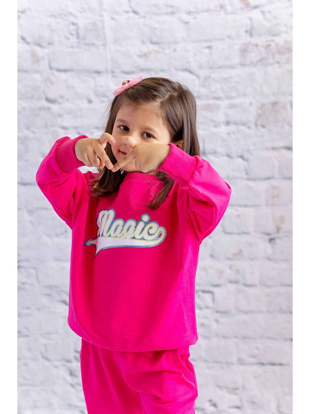 Fuşya Kız Çocuk Sim Baskılı Basic Sweatshirt - Fusya