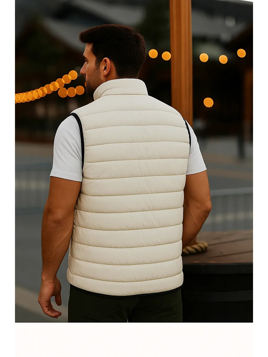 Ekru Erkek Astarlı Kışlık Cepli Fermuarlı Krem Şişme Yelek-4