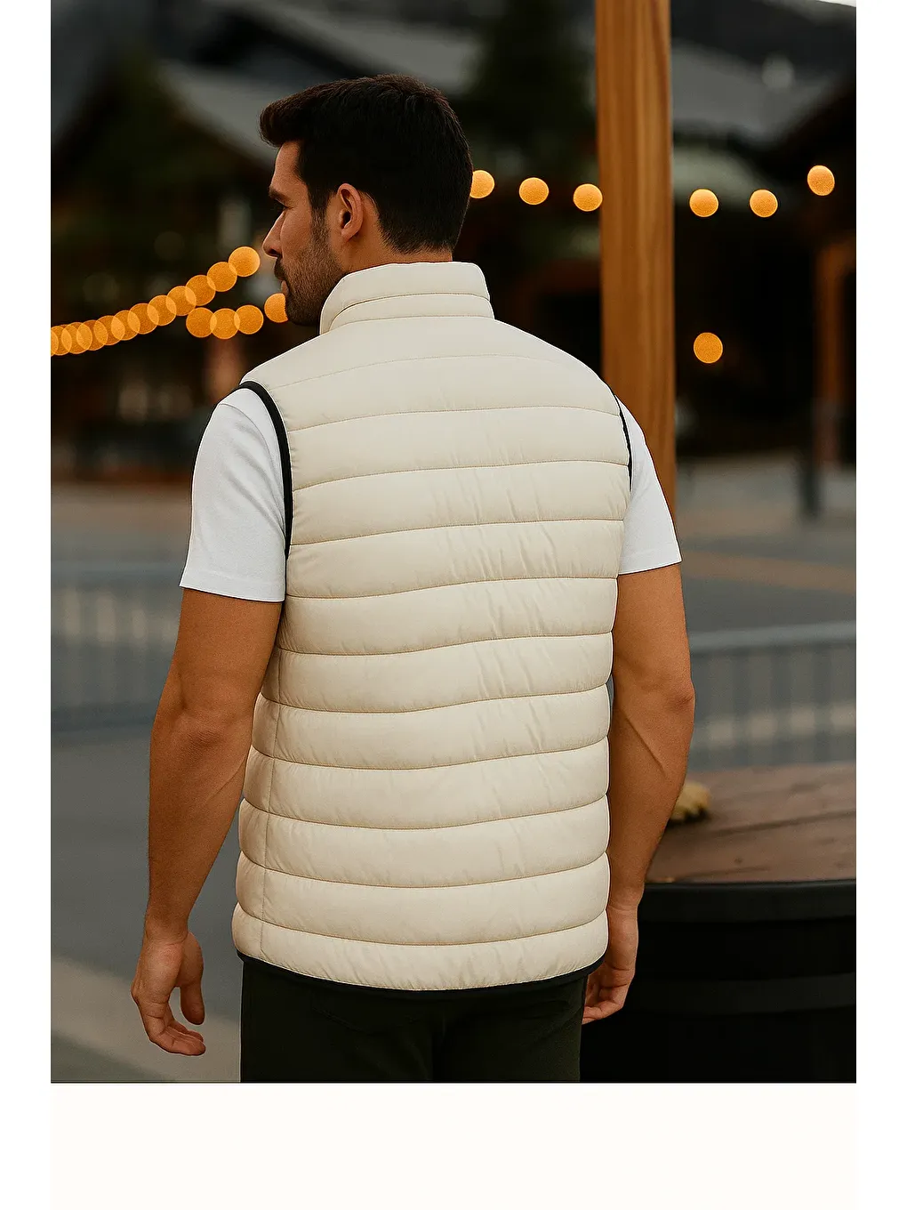 Ekru Erkek Astarlı Kışlık Cepli Fermuarlı Krem Şişme Yelek-5