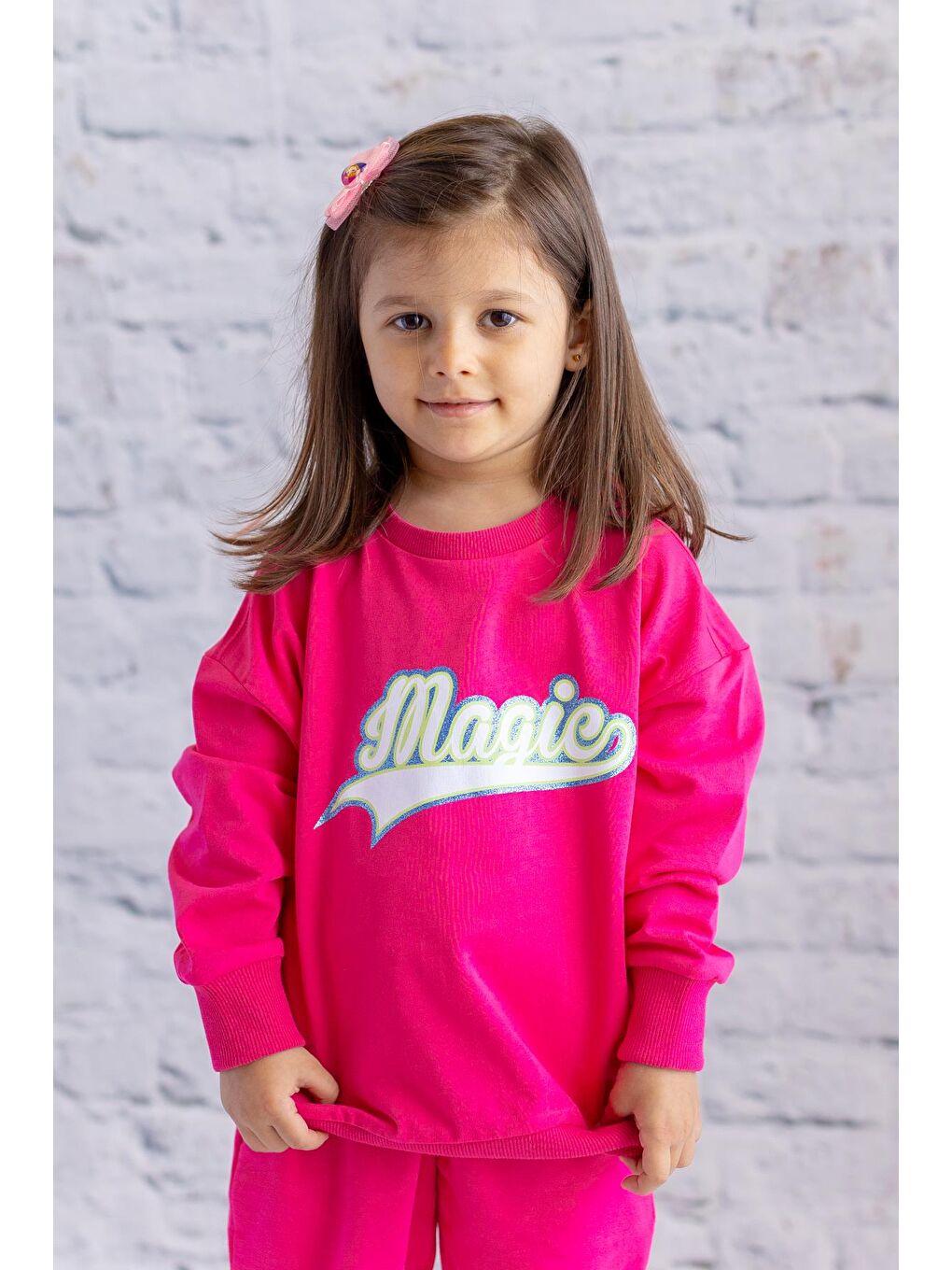 Fuşya Kız Çocuk Sim Baskılı Basic Sweatshirt - Fusya-2