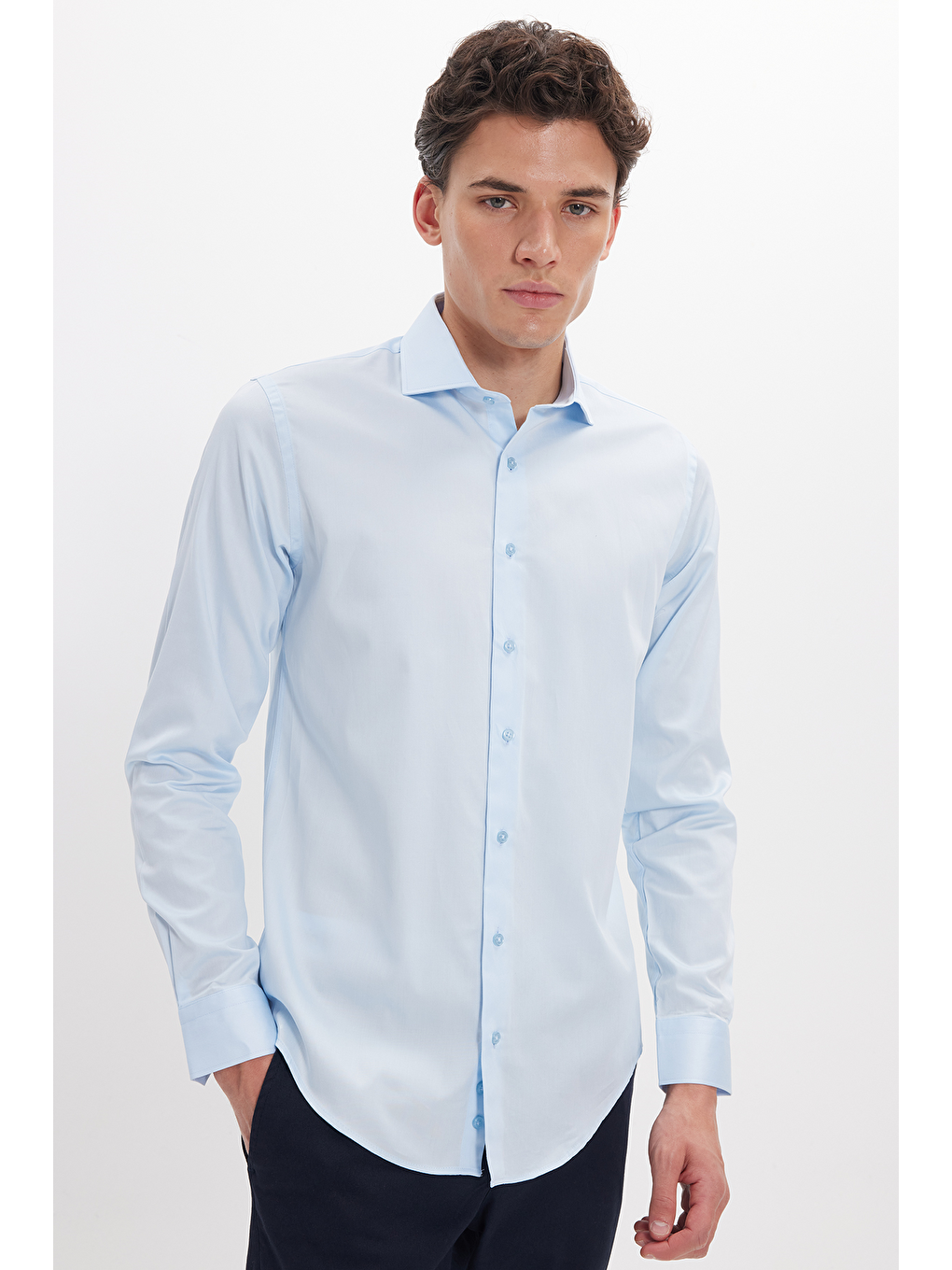 Erkek Slim Fit Dar Kesim %100 Pamuk Pamuk Saten Premium Seri Mavi Gömlek