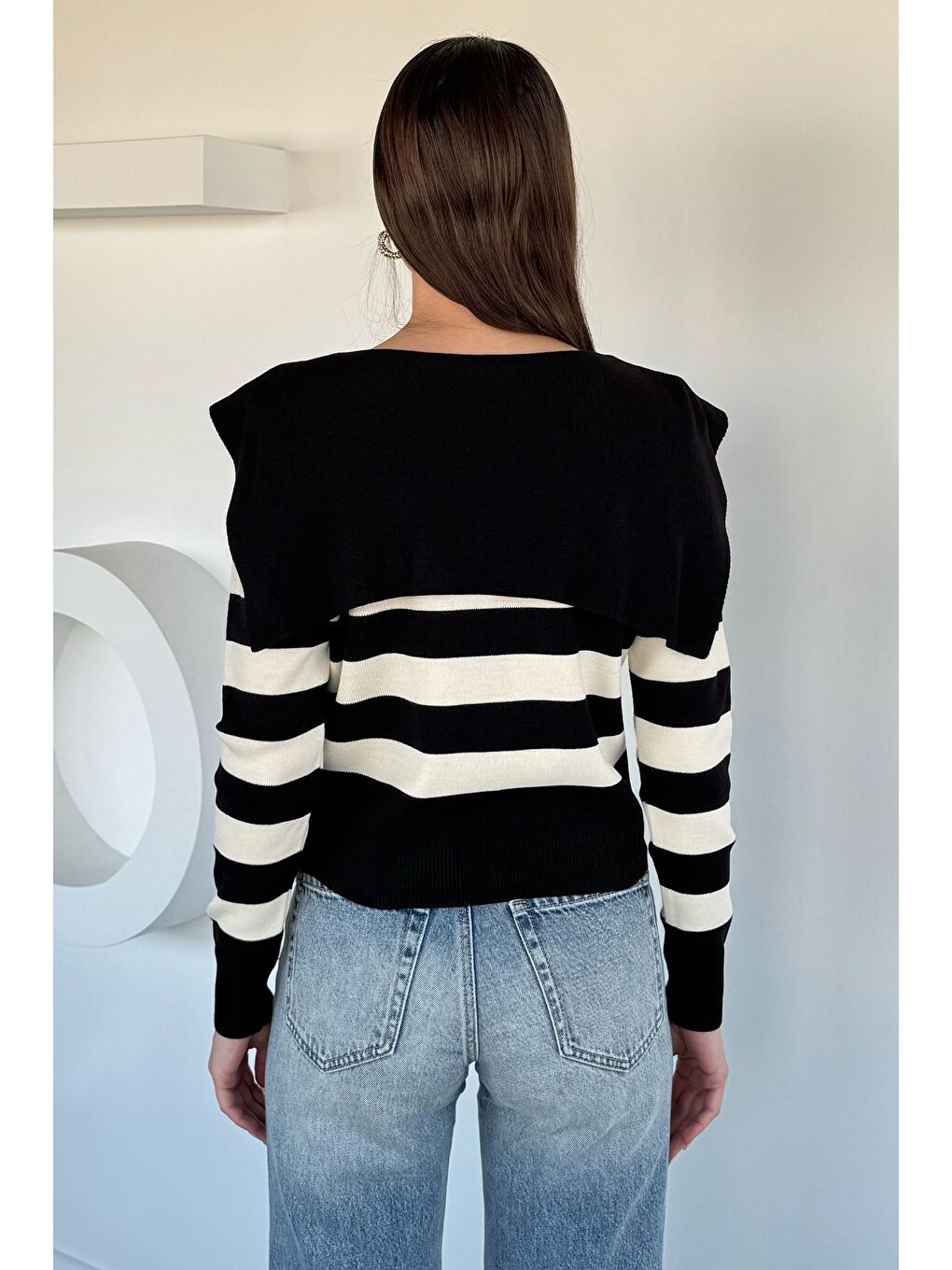 Siyah Kadın Çizgi Desenli Fermuarlı Triko Bluz-3