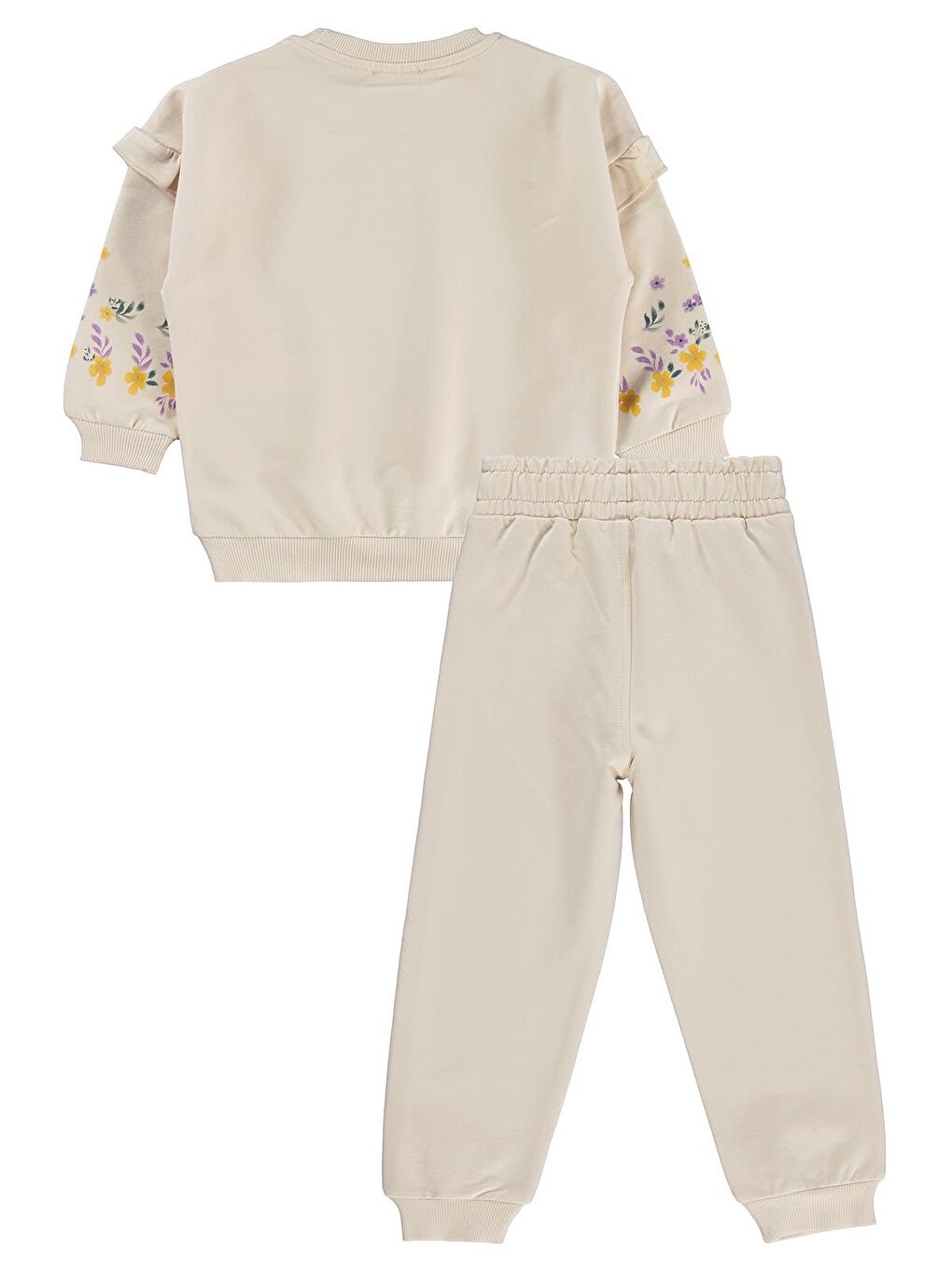 Girls Kol Fırfırlı Çiçek Baskılı 2-5 Yaş Eşofman Takımı - Bej 4-5 Yaş-1