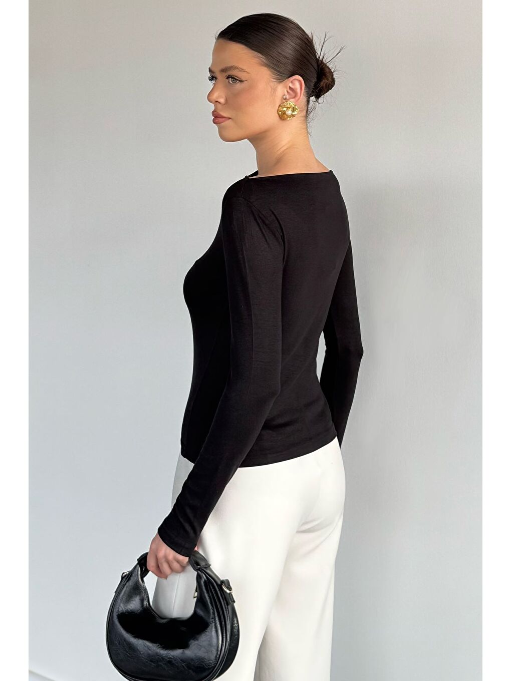 Siyah Kadın Elastanlı Kayık Yaka Body Bluz-2