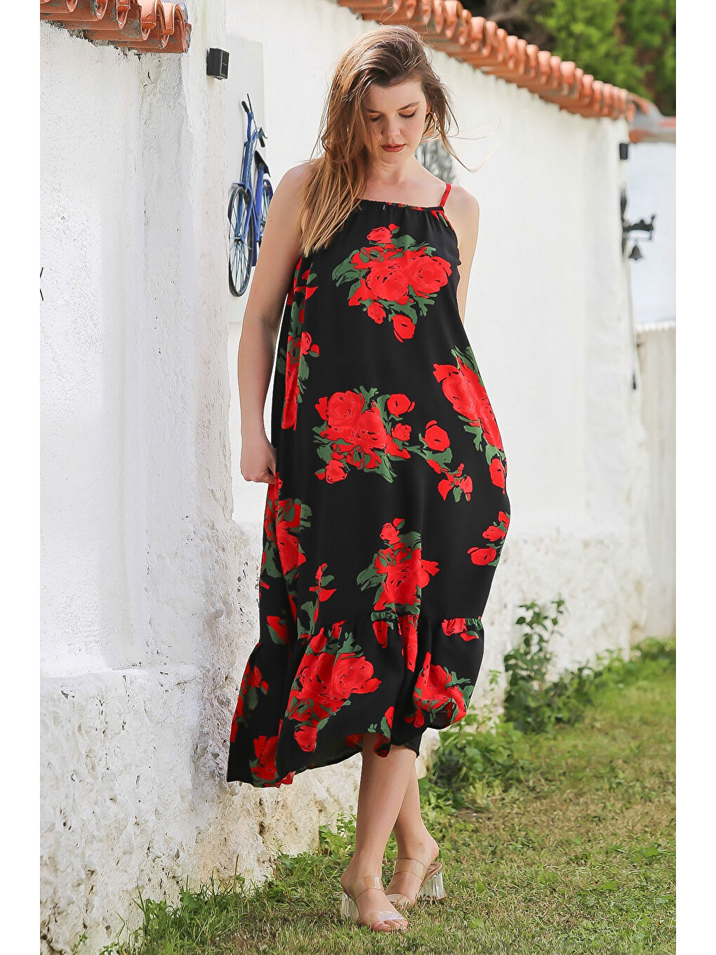 Siyah-Kırmızı Gizli Cepli Eteği Fırfırlı Ayarlanabilir Askılı Casual Viskon Dokuma Elbise 128 66-3