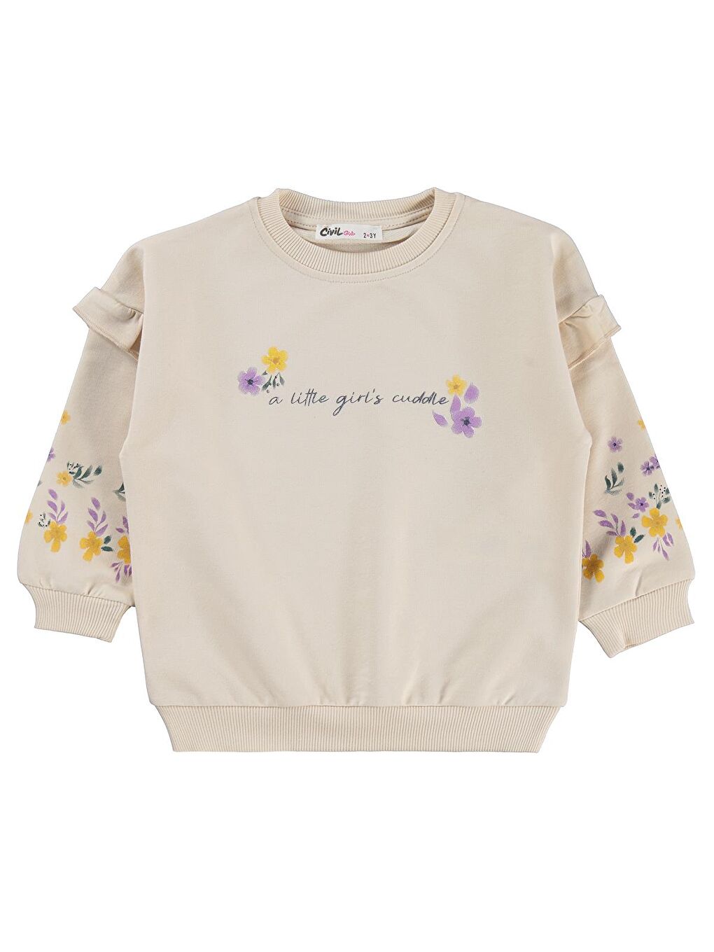 Girls Kol Fırfırlı Çiçek Baskılı 2-5 Yaş Eşofman Takımı - Bej 4-5 Yaş-2