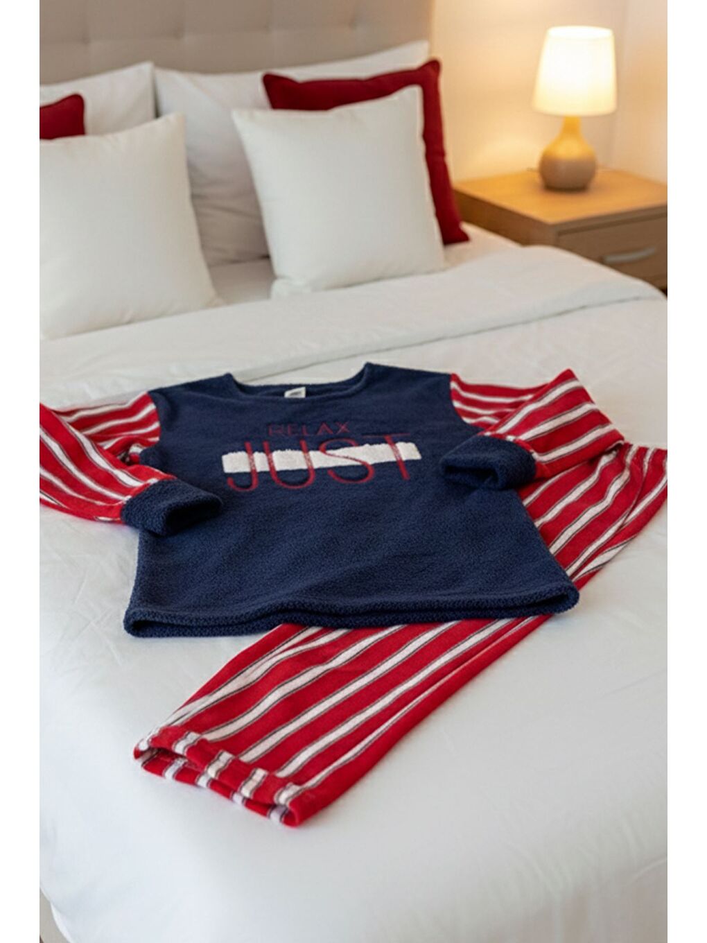 Lacivert Kadın Bisiklet Yaka Desenli Polar Pijama Takımı-2