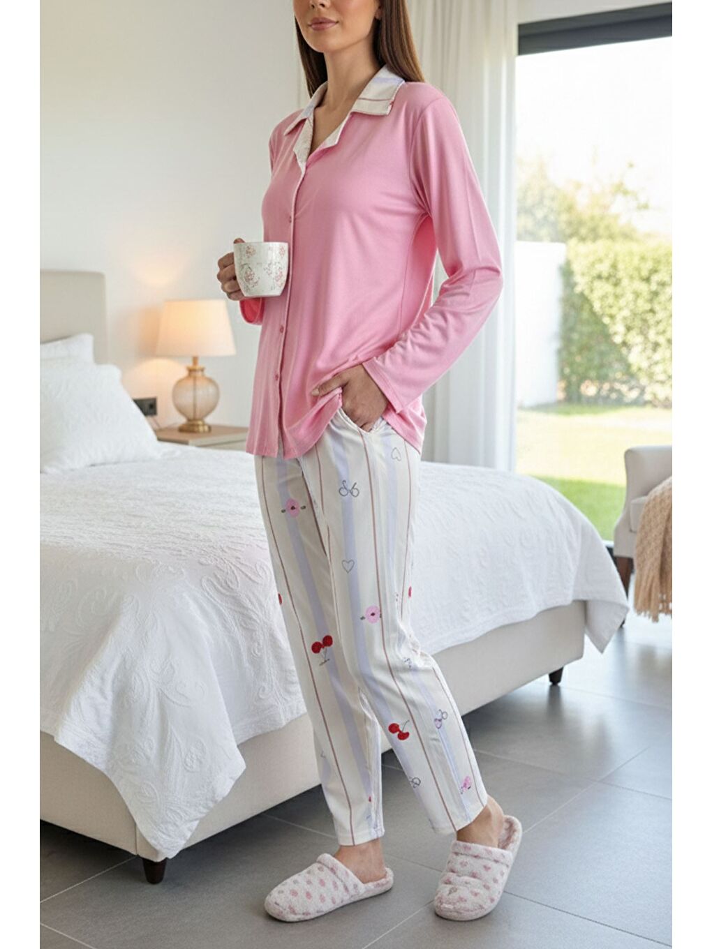 Pembe Boyraz Kadın Ön Düğmeli Kiraz Baskılı Pijama Takımı-1