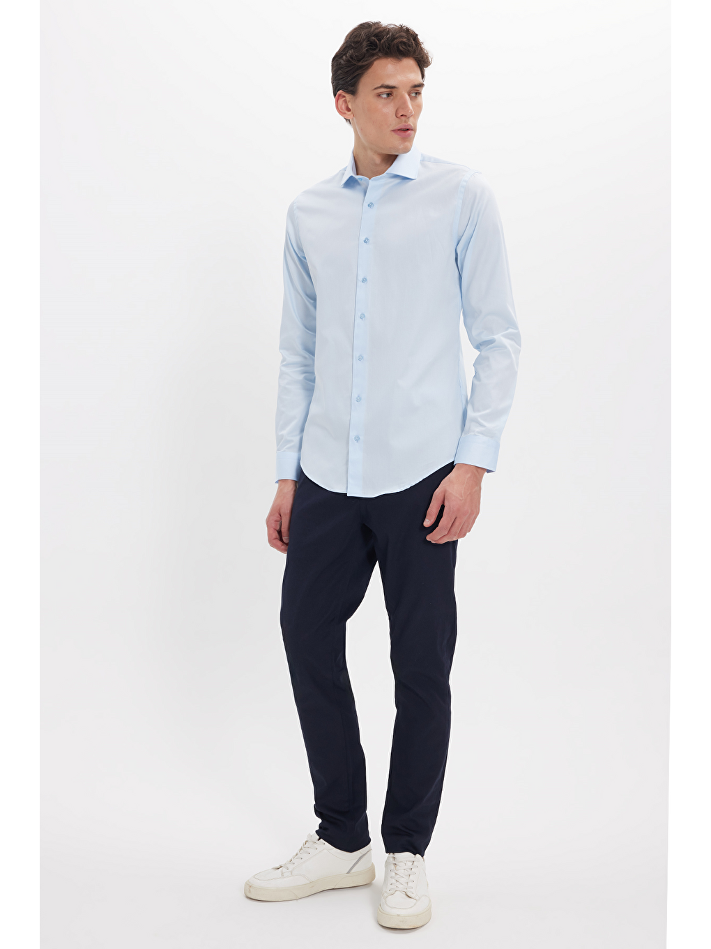 Erkek Slim Fit Dar Kesim %100 Pamuk Pamuk Saten Premium Seri Mavi Gömlek-1