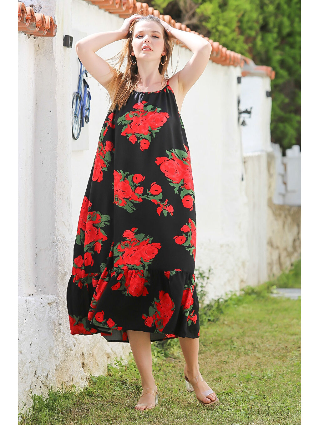 Siyah-Kırmızı Gizli Cepli Eteği Fırfırlı Ayarlanabilir Askılı Casual Viskon Dokuma Elbise 128 66-5