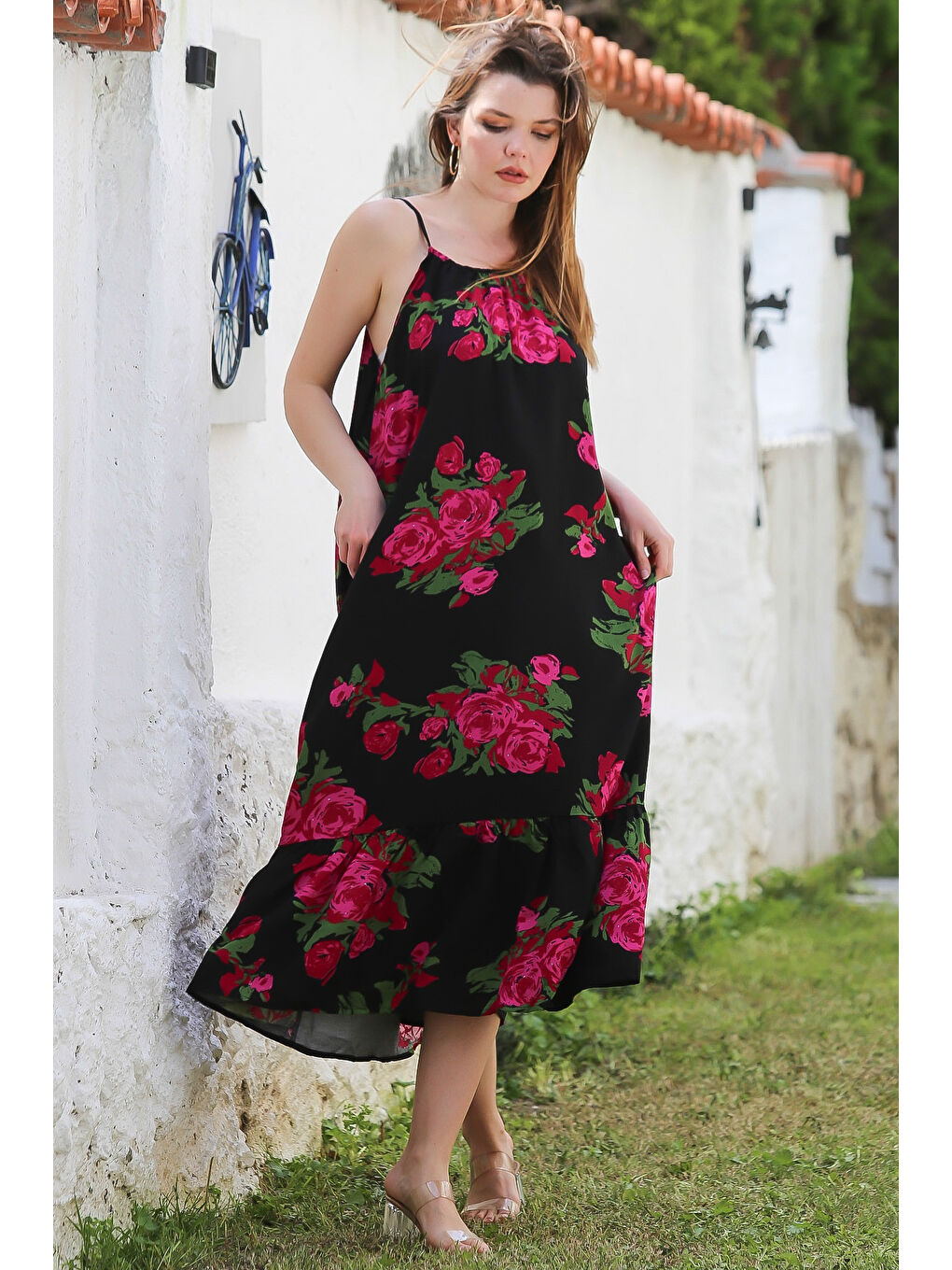 Siyah-Fuşya Gizli Cepli Eteği Fırfırlı Ayarlanabilir Askılı Casual Viskon Dokuma Elbise 128 66-1