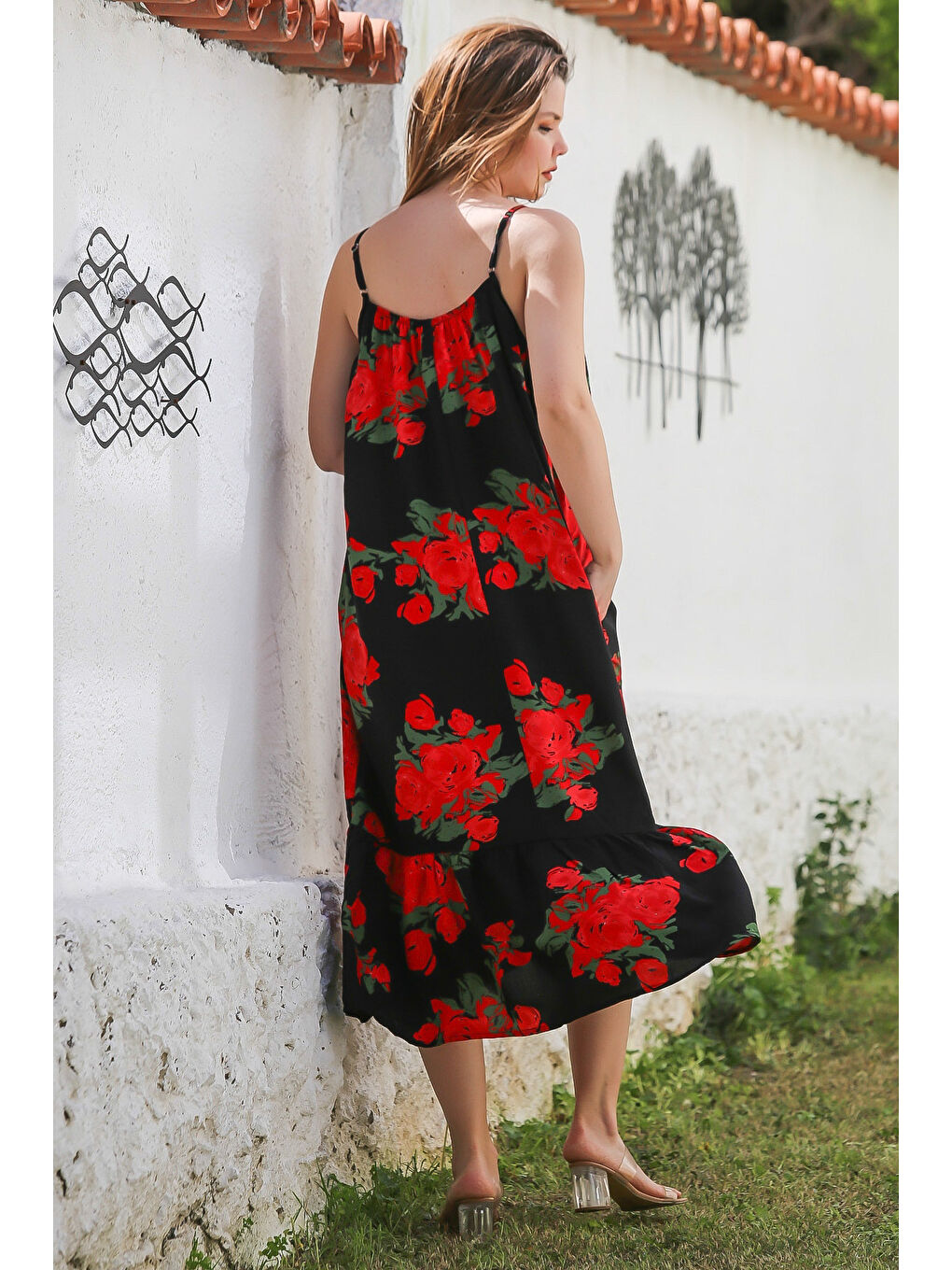 Siyah-Kırmızı Gizli Cepli Eteği Fırfırlı Ayarlanabilir Askılı Casual Viskon Dokuma Elbise 128 66-6