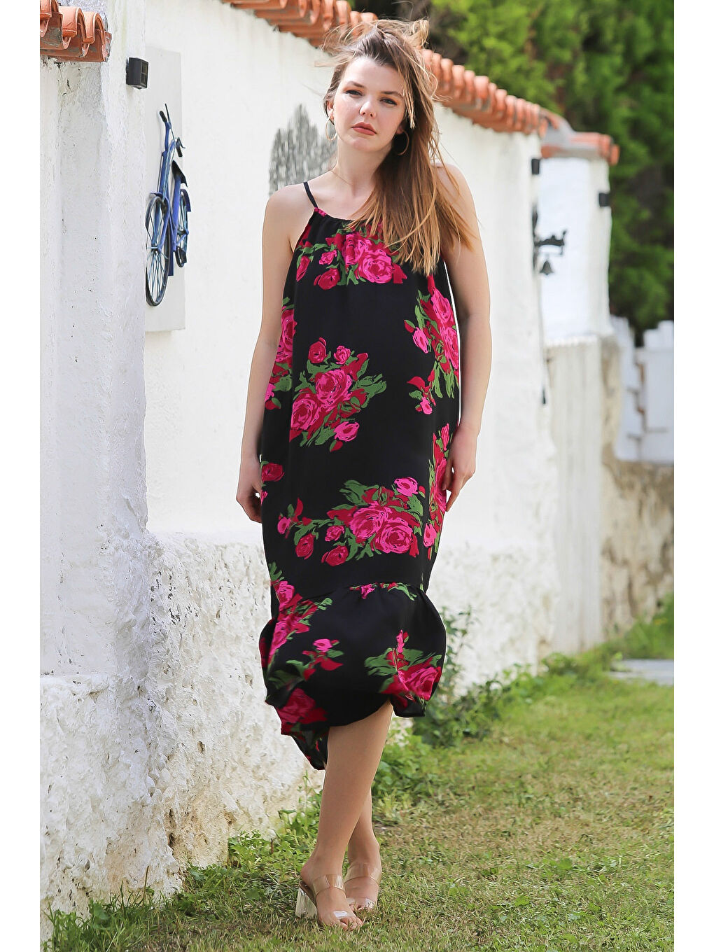 Siyah-Fuşya Gizli Cepli Eteği Fırfırlı Ayarlanabilir Askılı Casual Viskon Dokuma Elbise 128 66-2