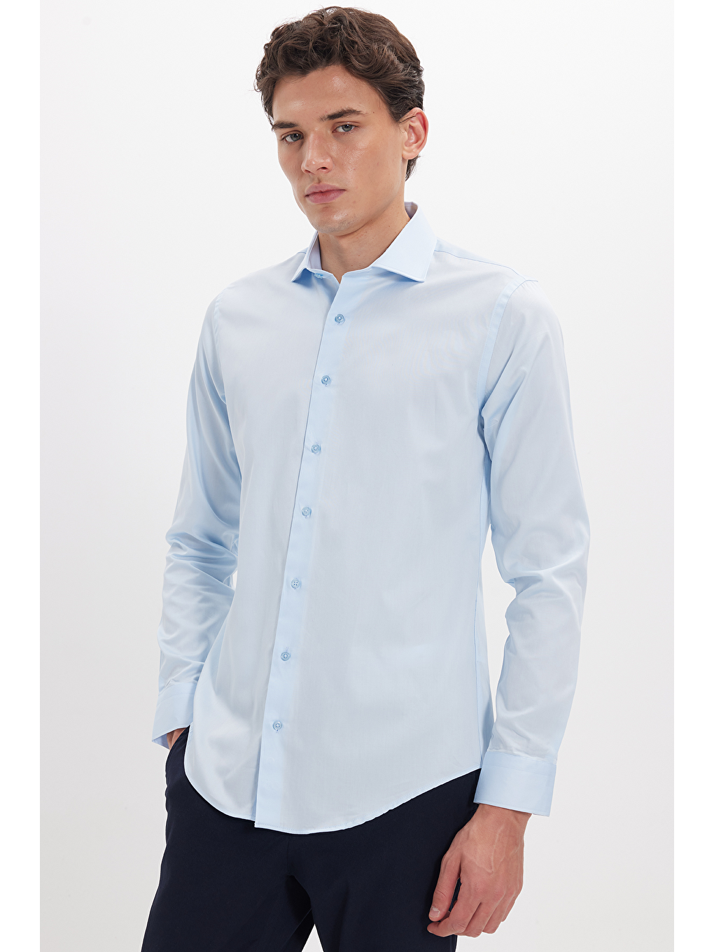 Erkek Slim Fit Dar Kesim %100 Pamuk Pamuk Saten Premium Seri Mavi Gömlek-2
