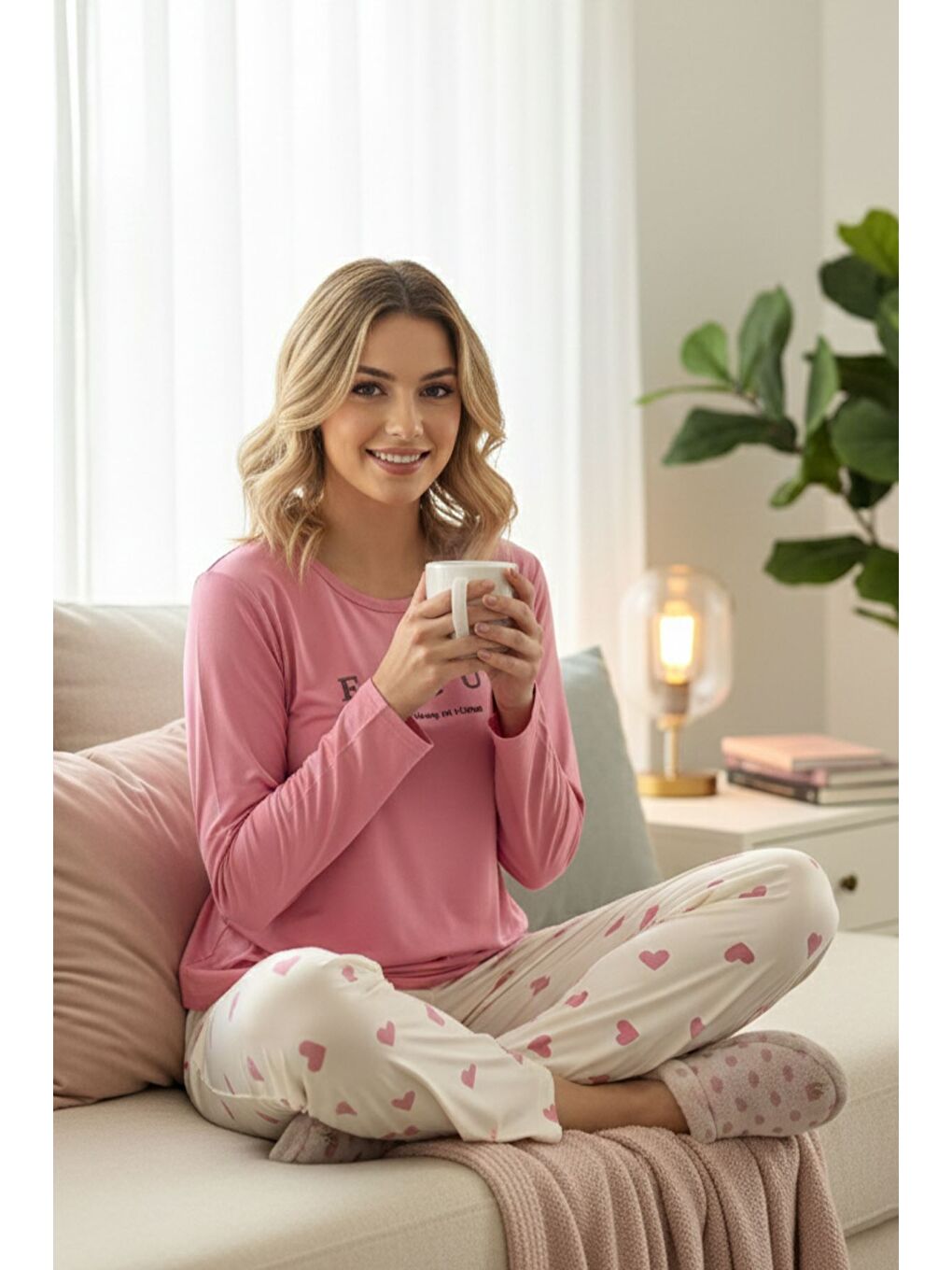 Pembe Boyraz Kadın Bisiklet Yaka Kalp Baskılı Pijama Takımı