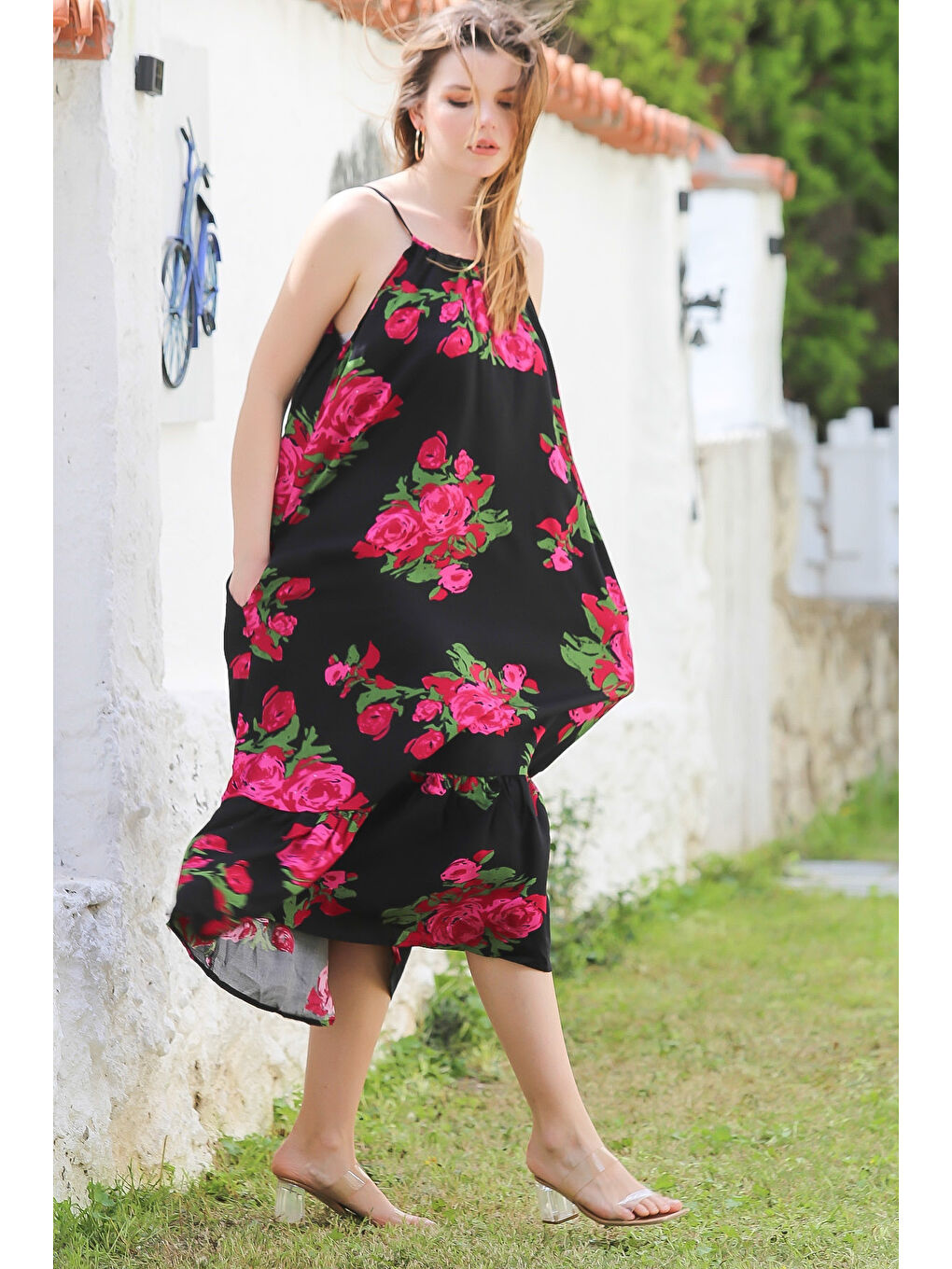 Siyah-Fuşya Gizli Cepli Eteği Fırfırlı Ayarlanabilir Askılı Casual Viskon Dokuma Elbise 128 66-3