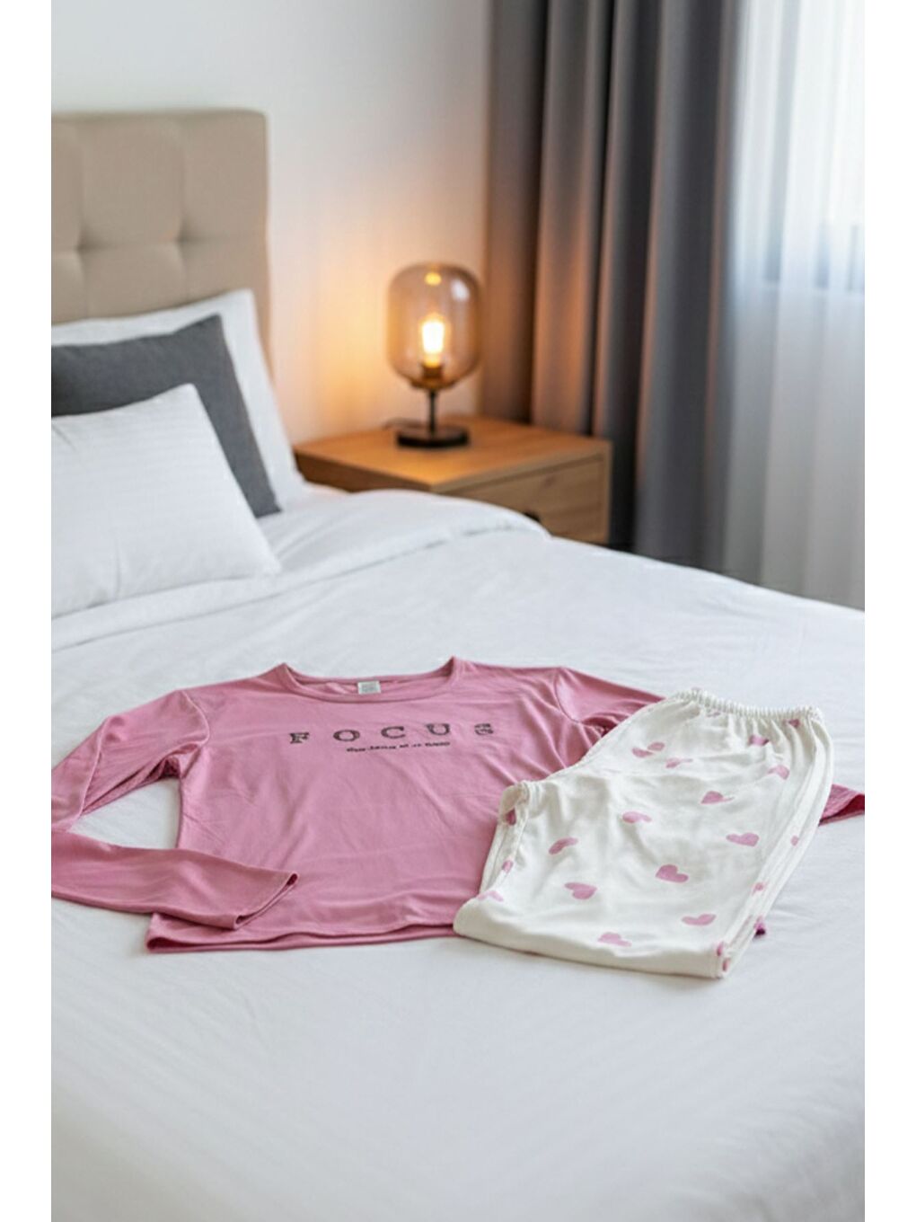 Pembe Boyraz Kadın Bisiklet Yaka Kalp Baskılı Pijama Takımı-2