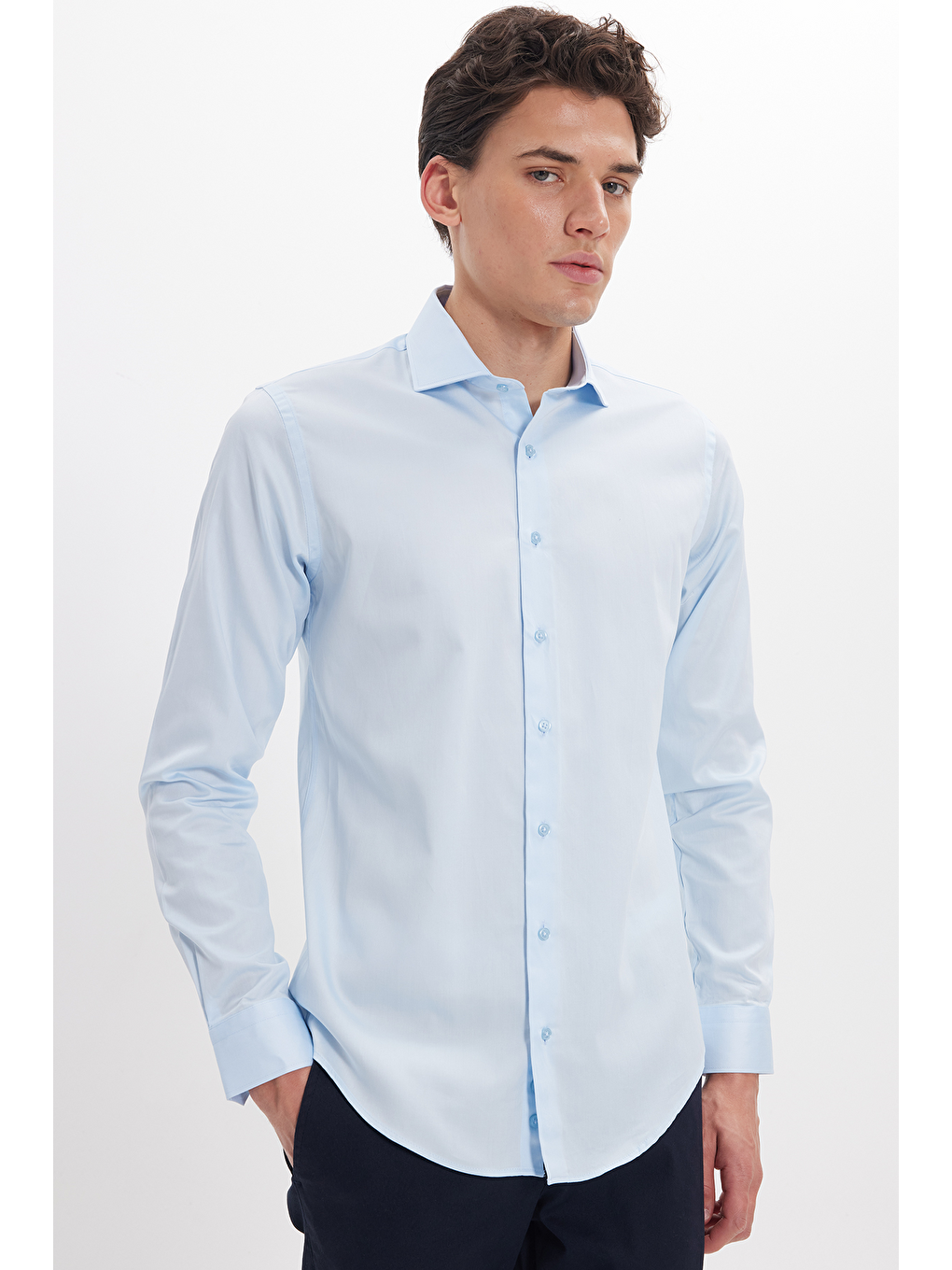 Erkek Slim Fit Dar Kesim %100 Pamuk Pamuk Saten Premium Seri Mavi Gömlek-3