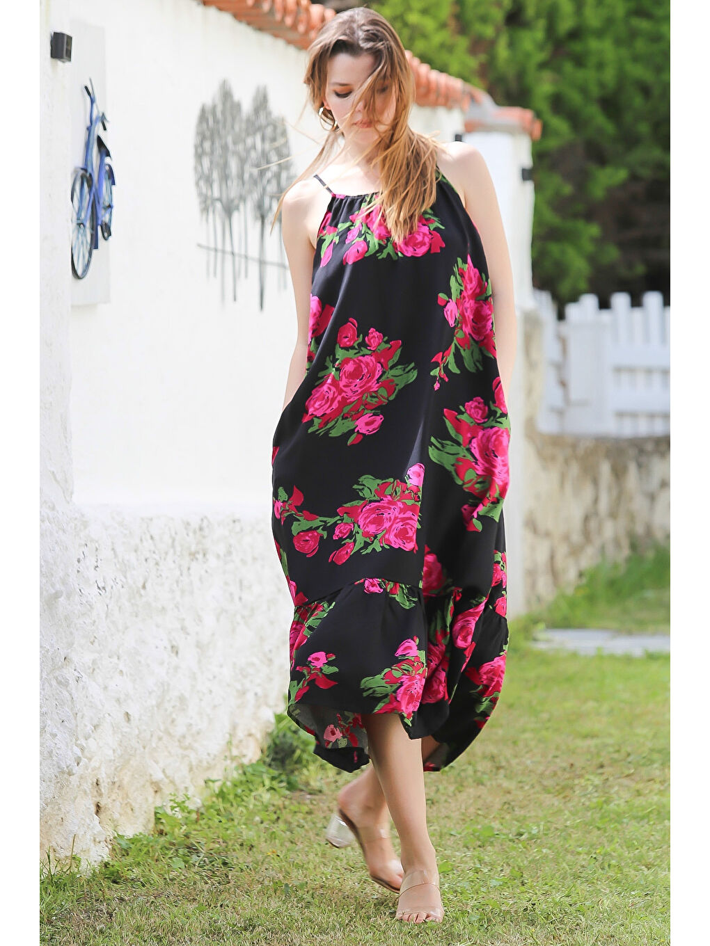 Siyah-Fuşya Gizli Cepli Eteği Fırfırlı Ayarlanabilir Askılı Casual Viskon Dokuma Elbise 128 66-4