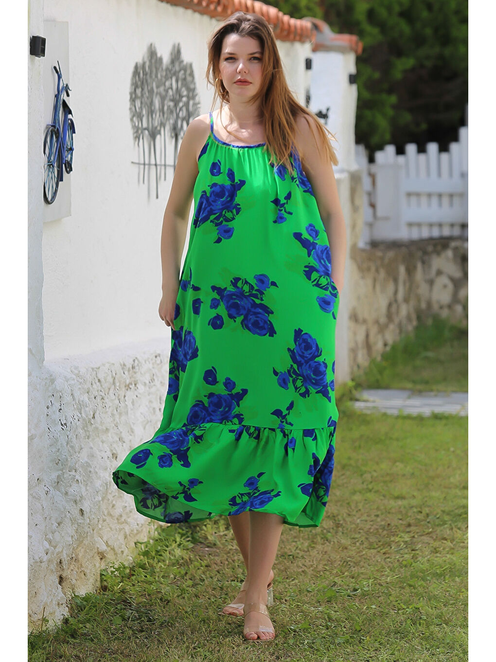 Yeşil Gizli Cepli Eteği Fırfırlı Ayarlanabilir Askılı Casual Viskon Dokuma Elbise 128 66