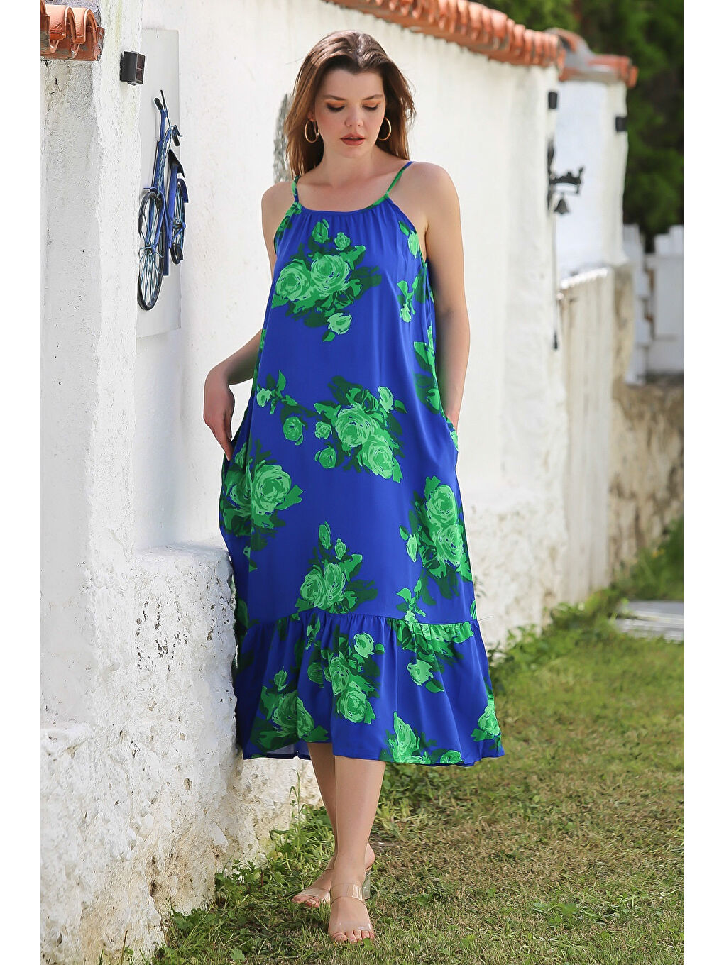 Mavi Gizli Cepli Eteği Fırfırlı Ayarlanabilir Askılı Casual Viskon Dokuma Elbise 128 66-1