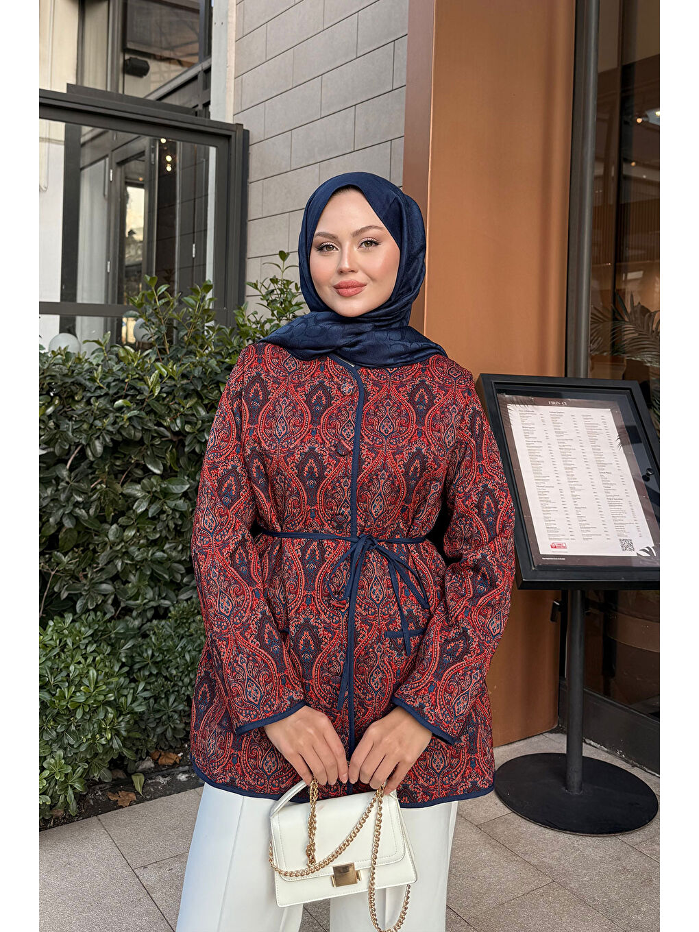 Kahverengi Kadın Etnik Desen Ceket Kiremit-3