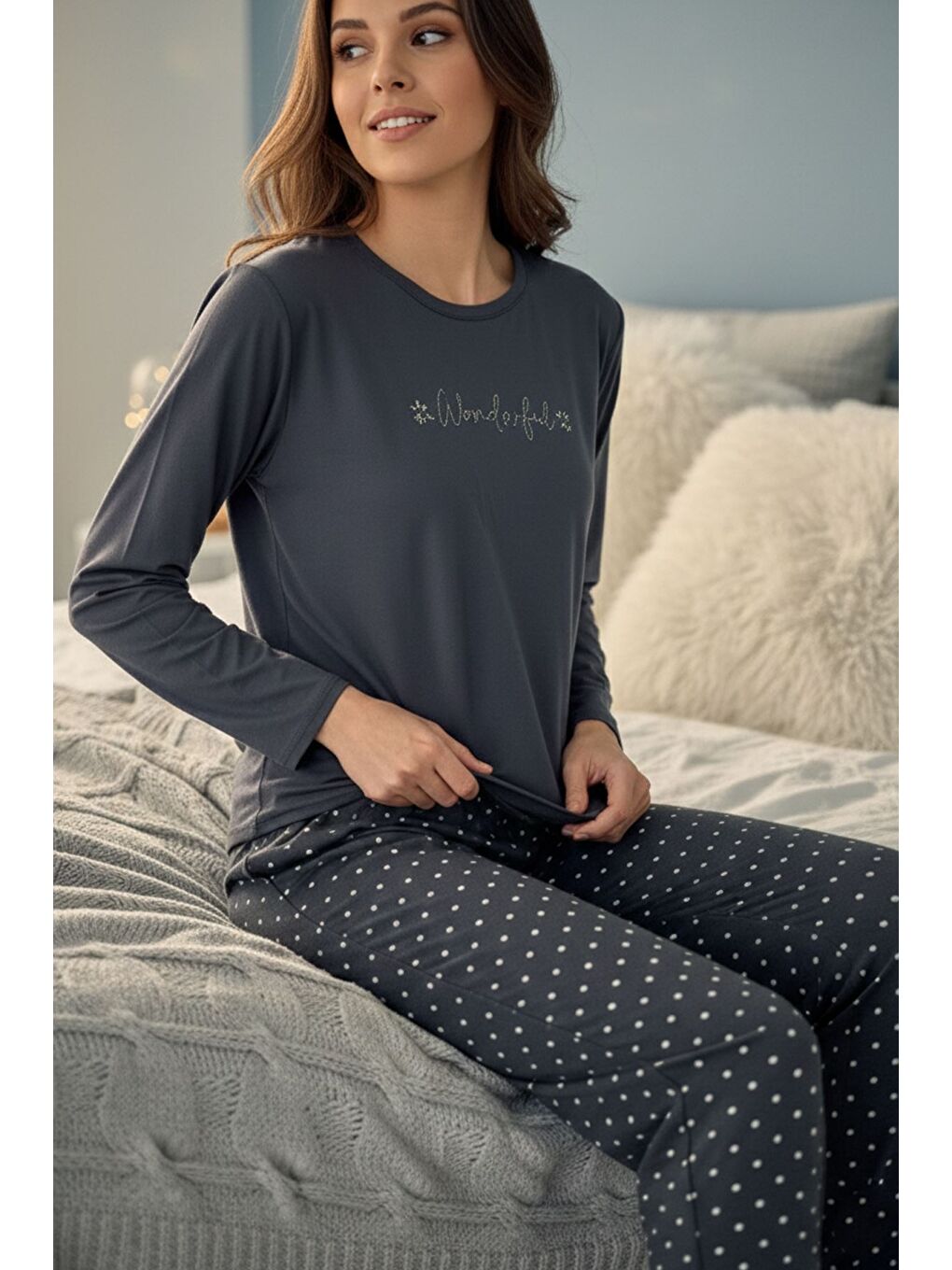 Lacivert Boyraz Kadın Bisiklet Yaka Puantiyeli Pijama Takımı