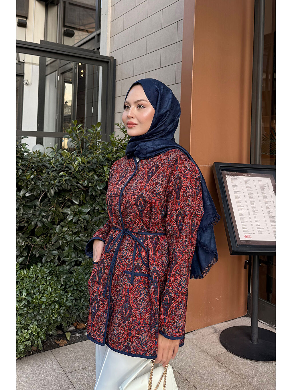 Kahverengi Kadın Etnik Desen Ceket Kiremit-4